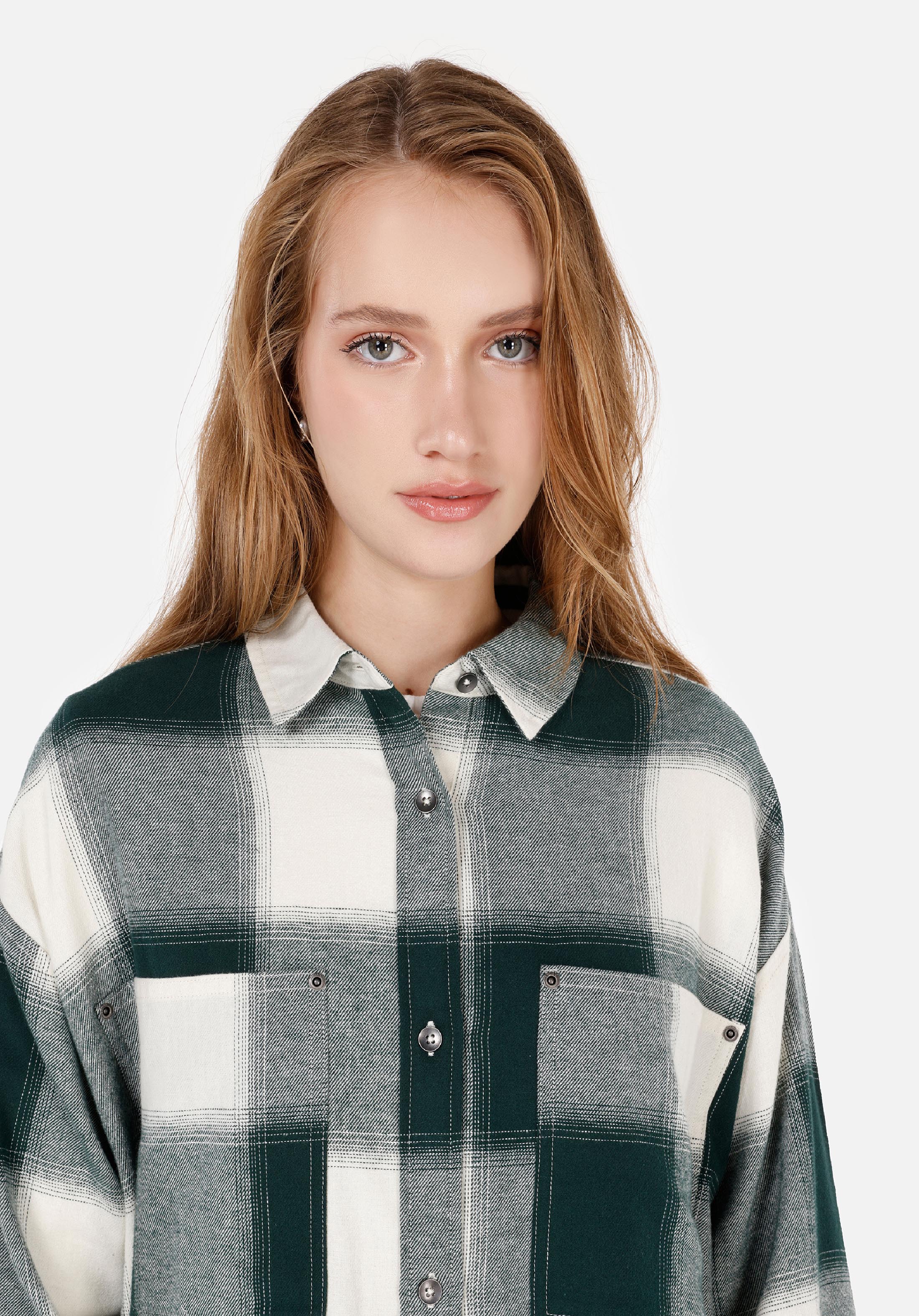 Relax Fit Shirt Neck  Kadın Yeşil Uzun Kol Gömlek