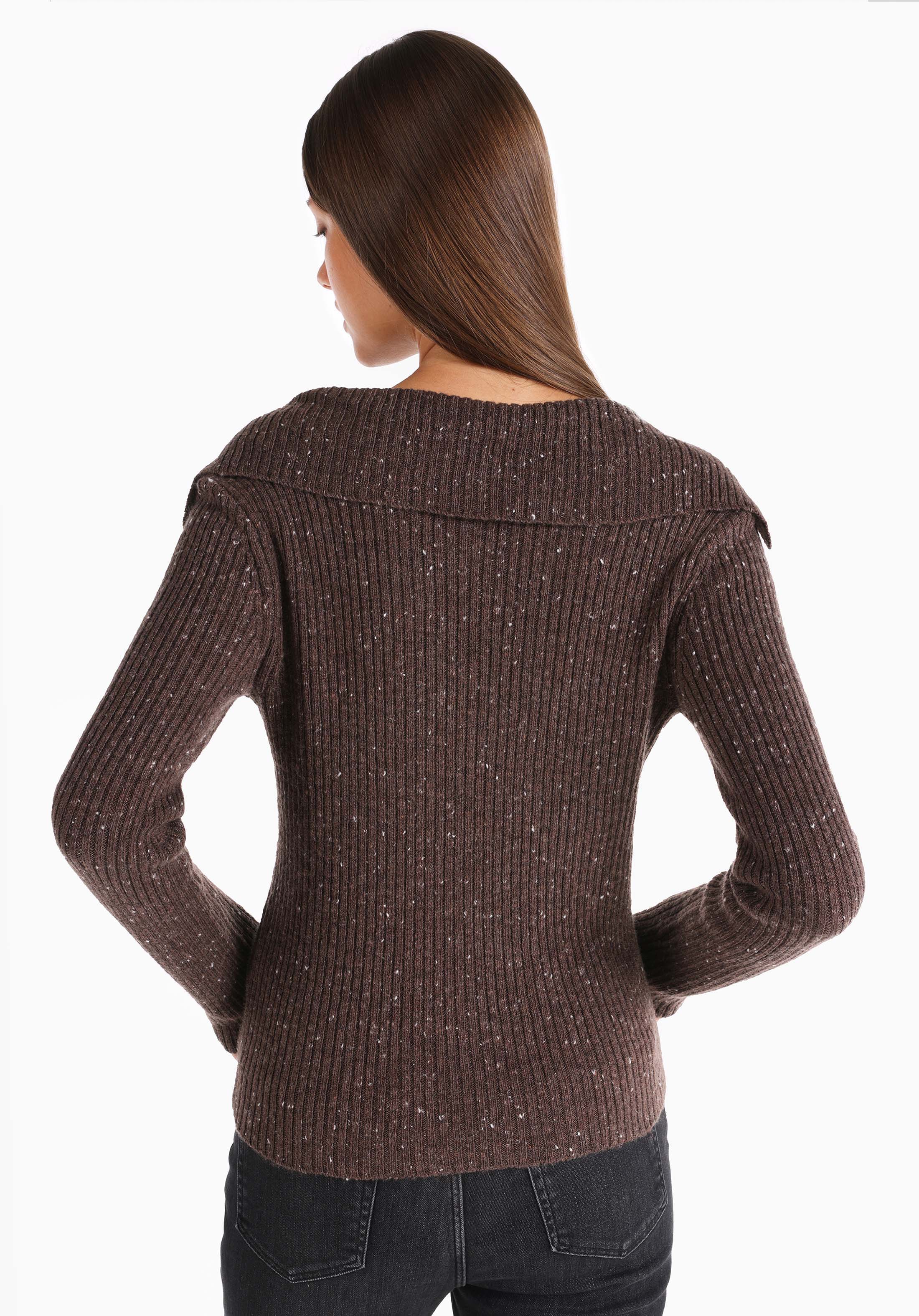 Slim Fit Polo Yaka Düz Kadın Kahverengi Kazak