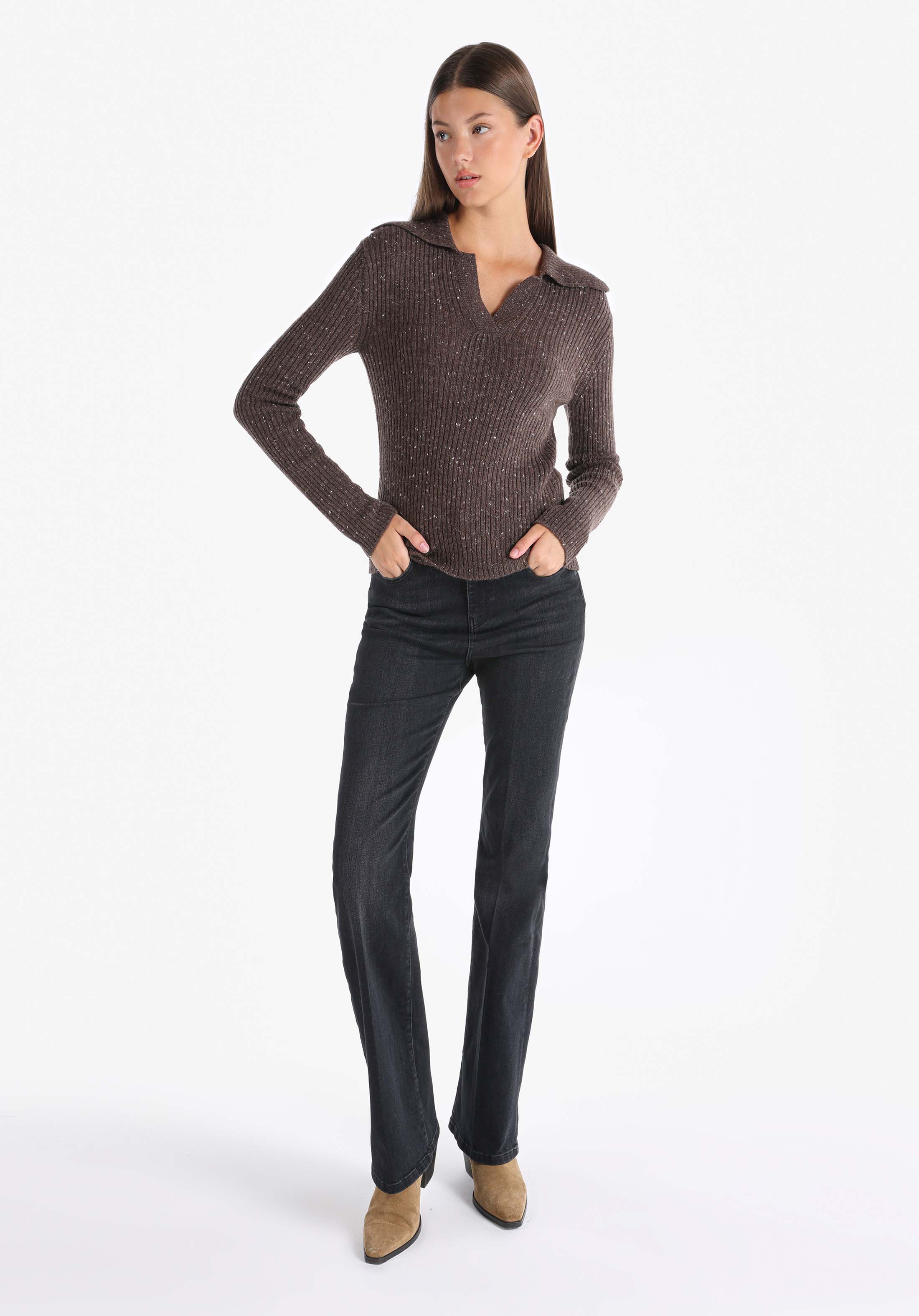 Slim Fit Polo Yaka Düz Kadın Kahverengi Kazak