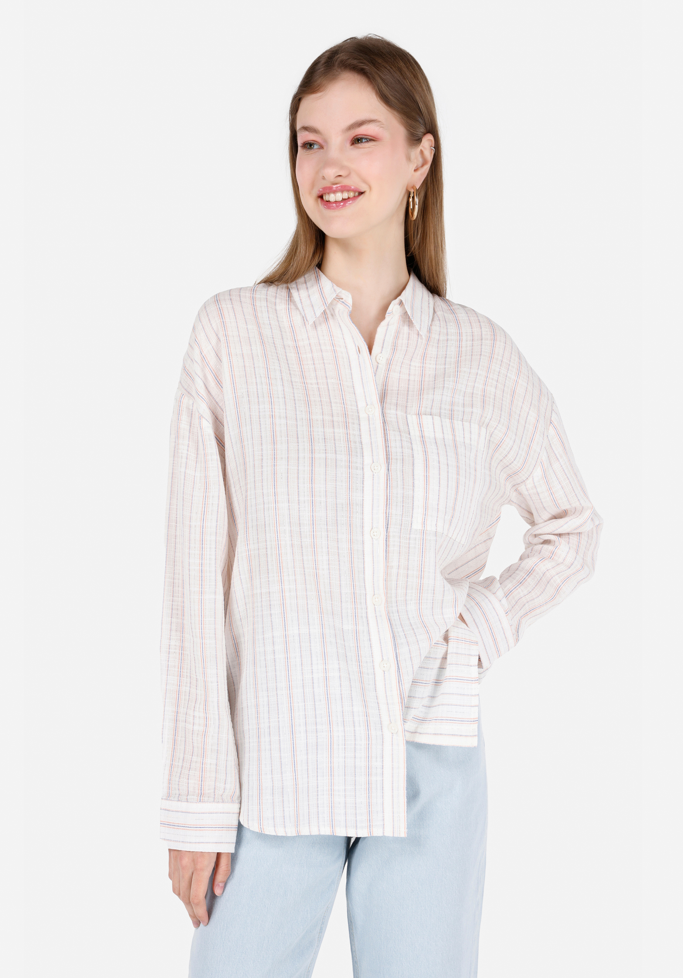 Regular Fit Shirt Neck Çizgili Kadın Ekru Uzun Kol Gömlek