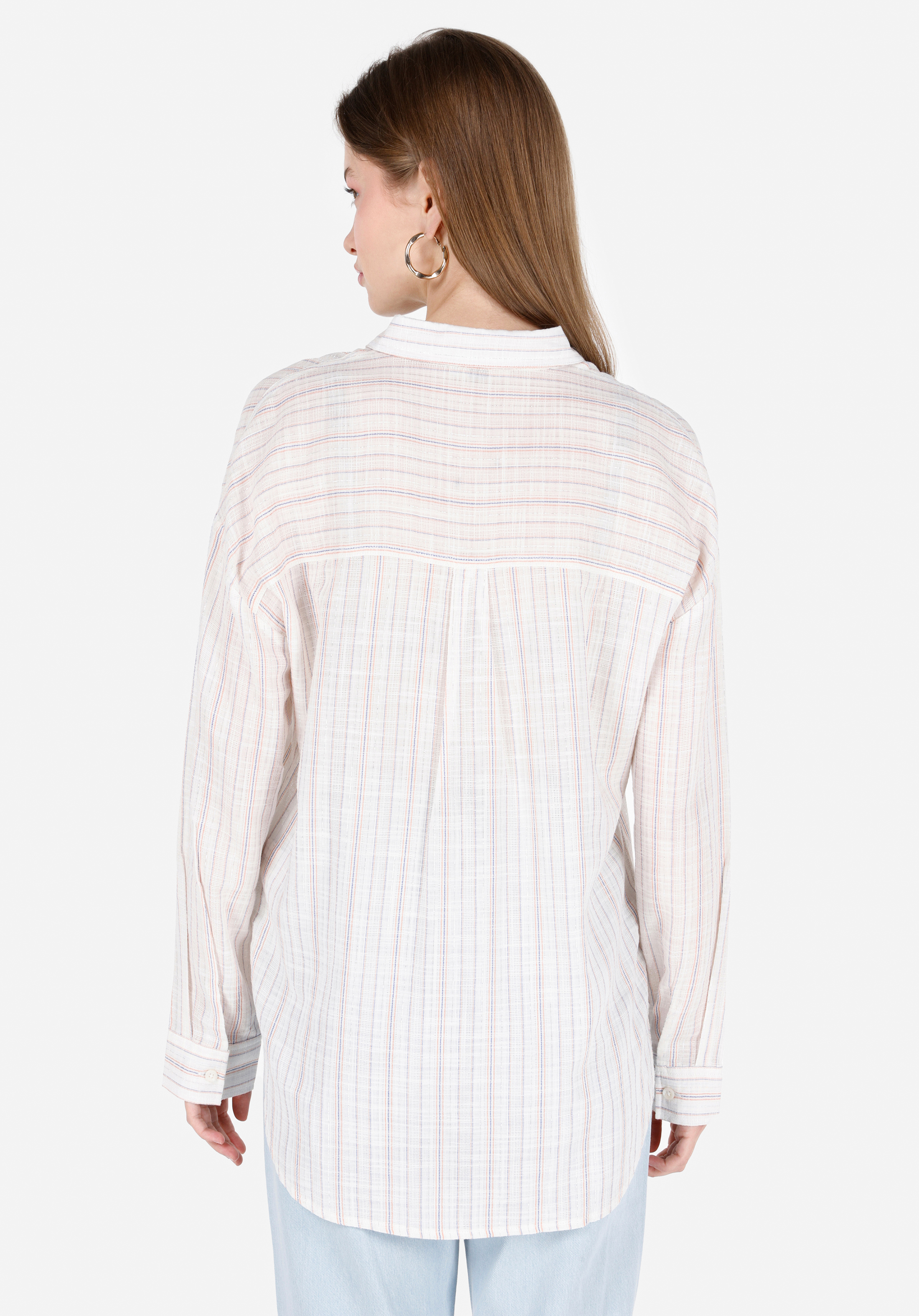 Regular Fit Shirt Neck Çizgili Kadın Ekru Uzun Kol Gömlek