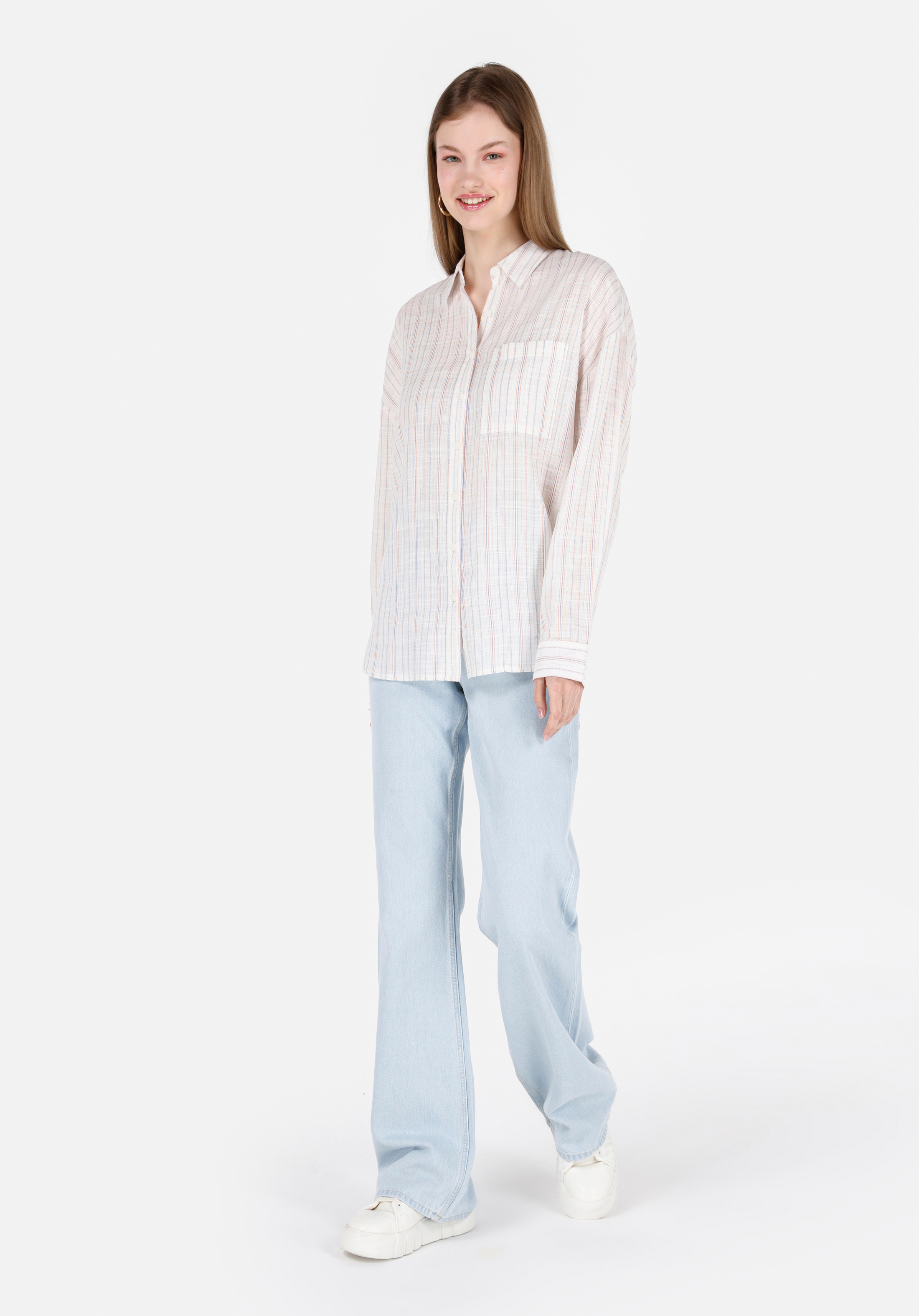 Regular Fit Shirt Neck Çizgili Kadın Ekru Uzun Kol Gömlek