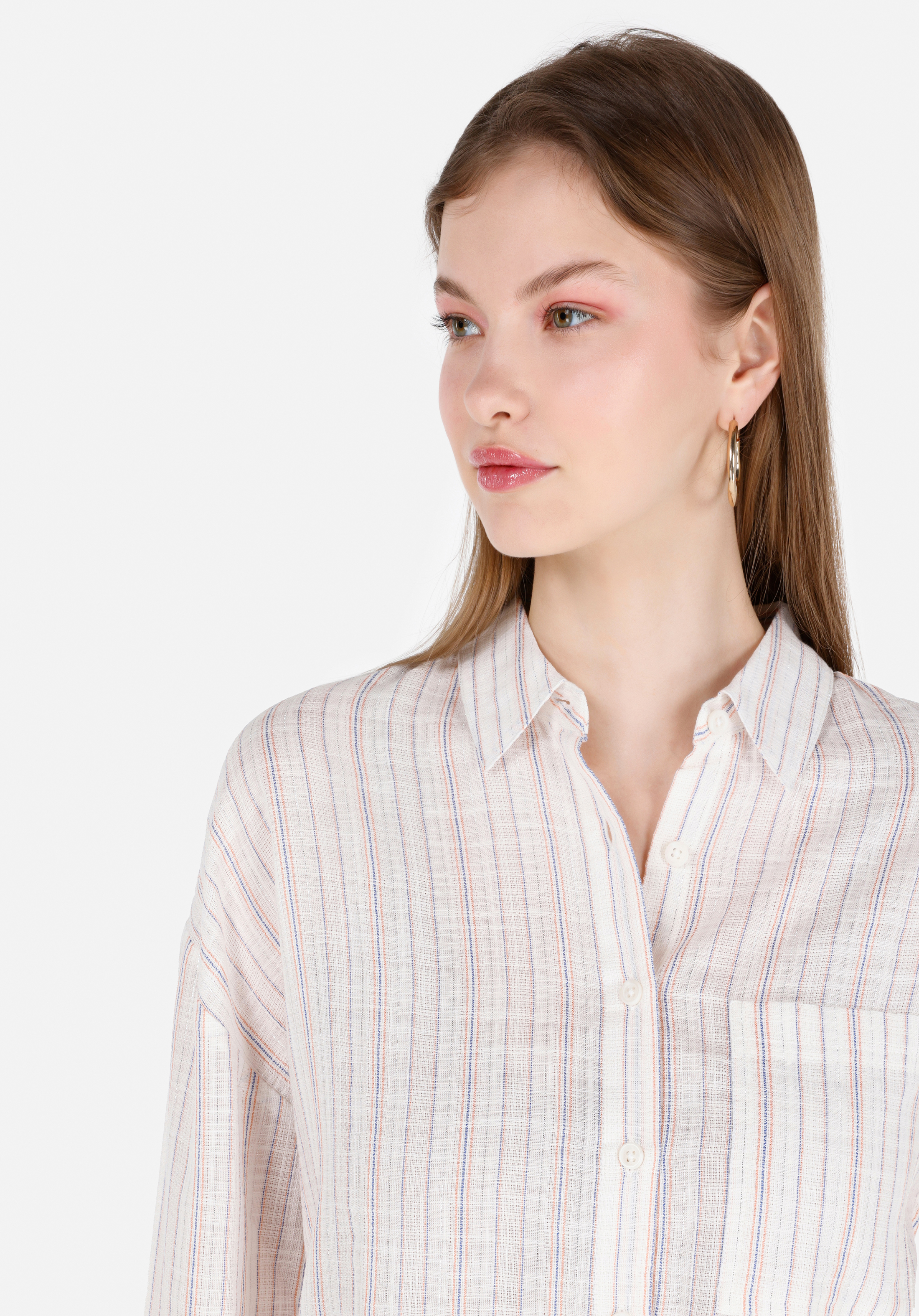 Regular Fit Shirt Neck Çizgili Kadın Ekru Uzun Kol Gömlek