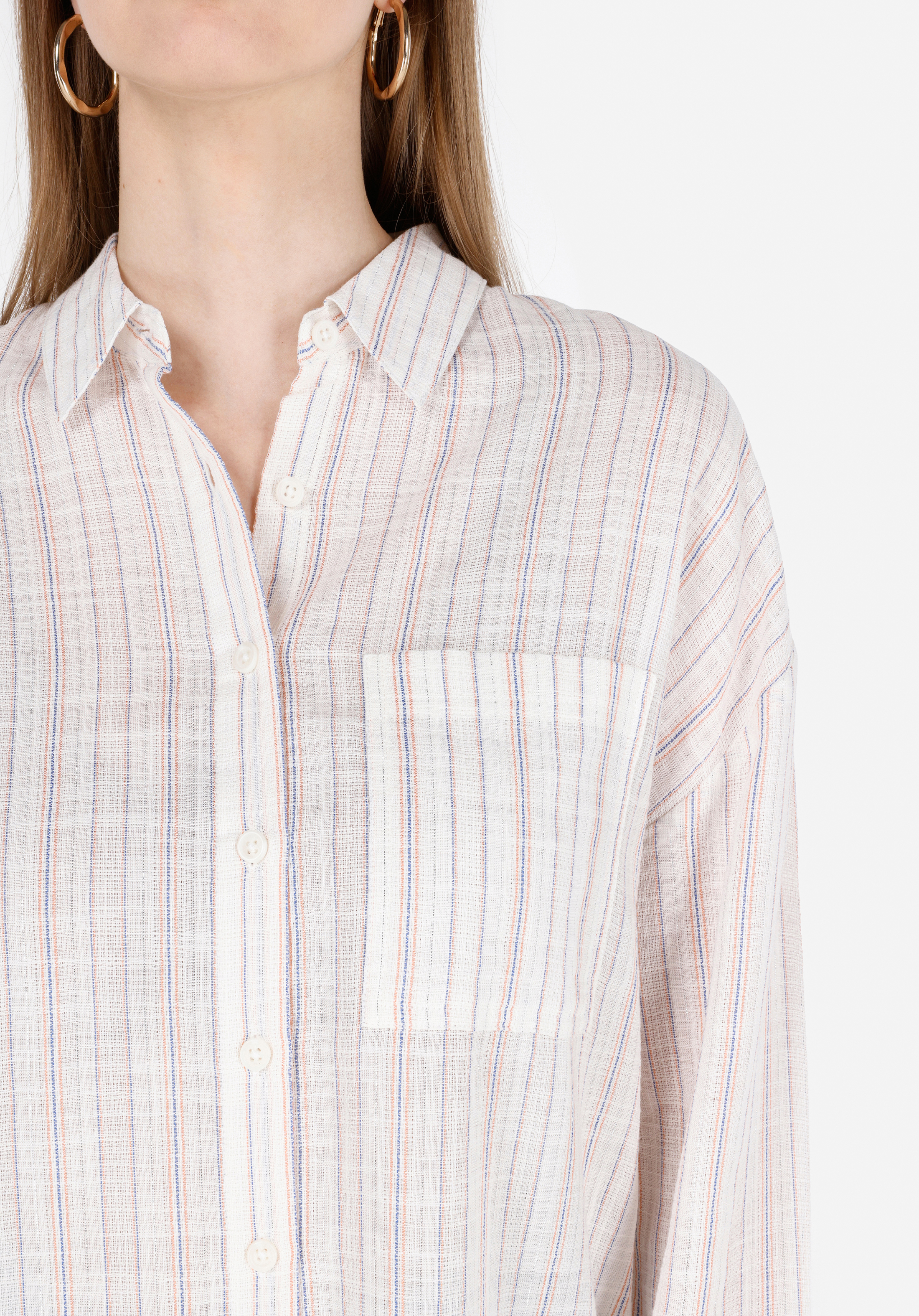 Regular Fit Shirt Neck Çizgili Kadın Ekru Uzun Kol Gömlek