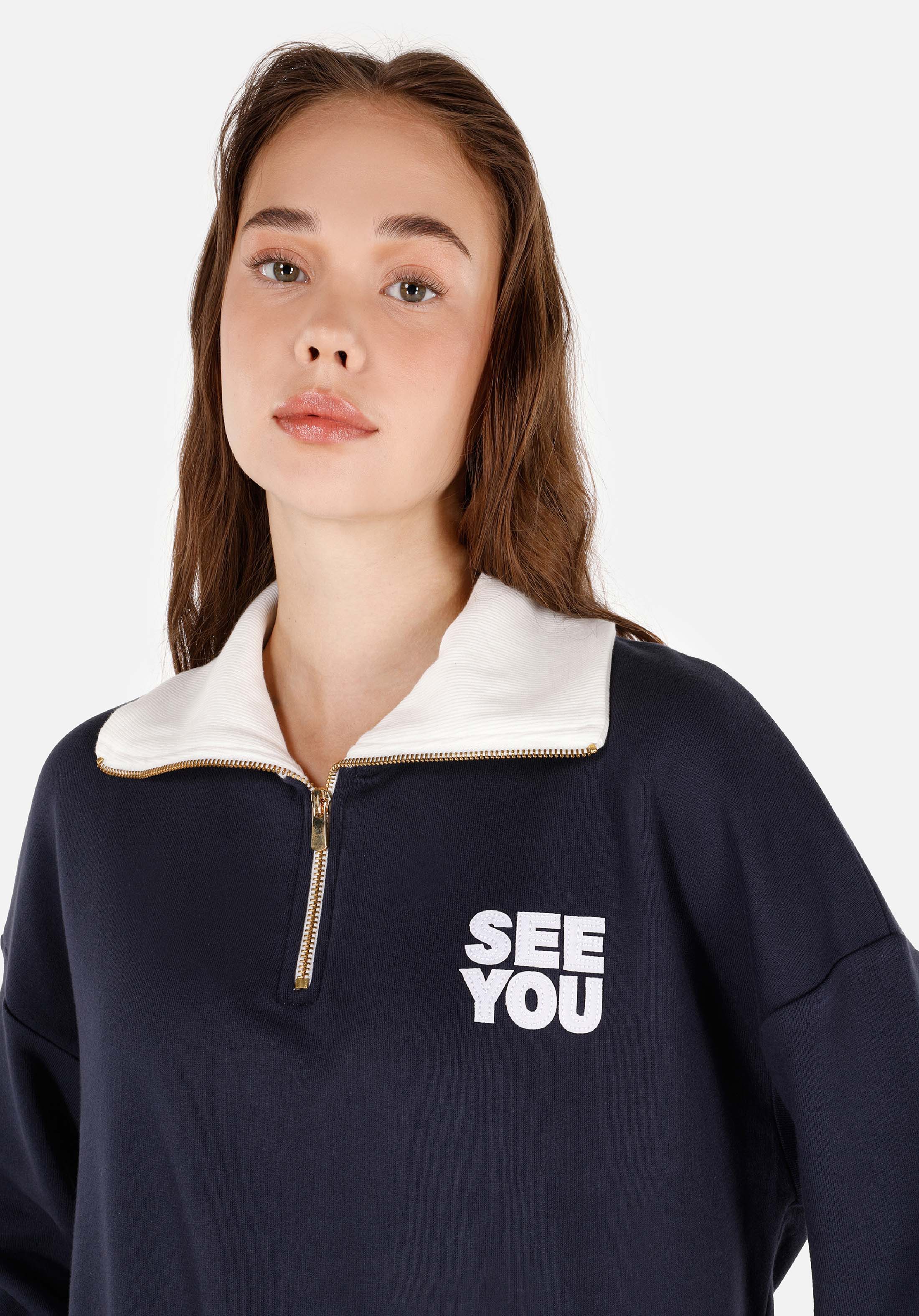 Regular Fit Fermuarlı  Kadın Lacivert Sweatshirt