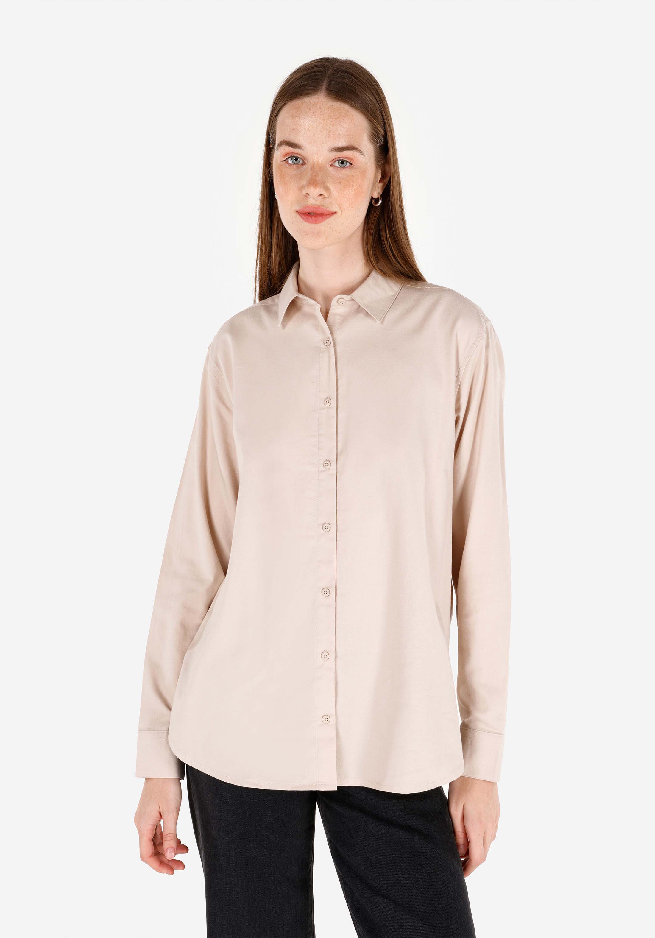 Regular Fit Shirt Neck Düz Kadın Bej Uzun Kol Gömlek