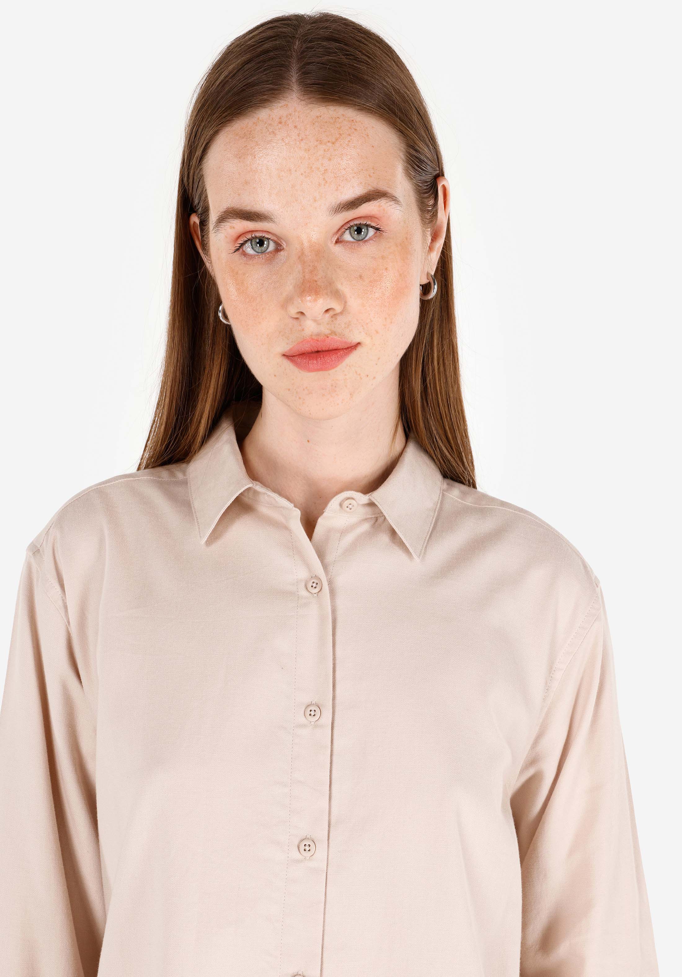 Regular Fit Shirt Neck Düz Kadın Bej Uzun Kol Gömlek