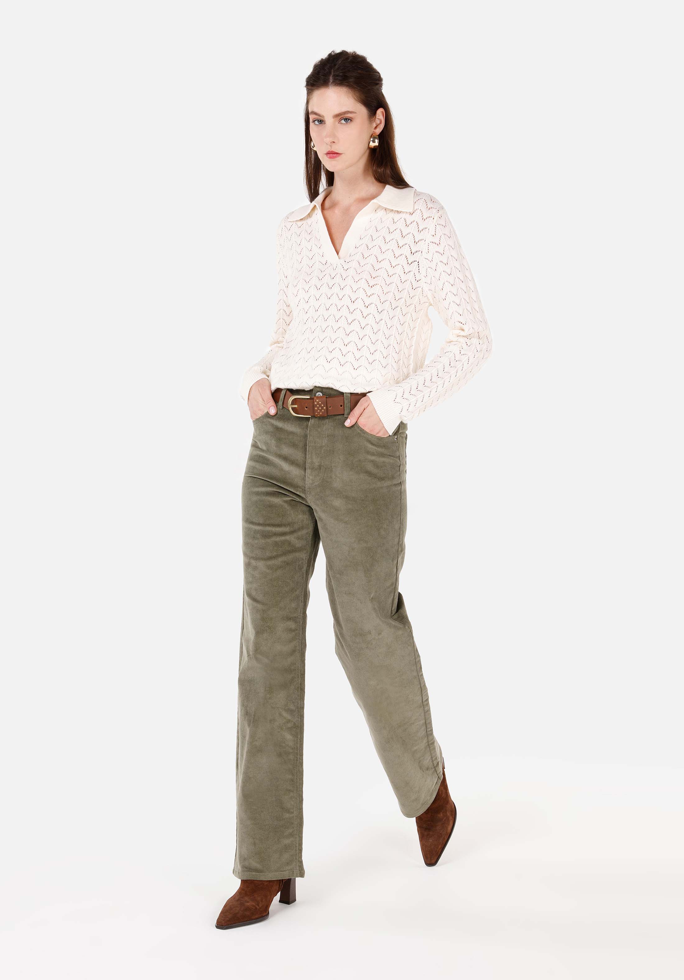 Regular Fit Yüksel Bel Geniş Paça Kadın Yeşil  Pantolon