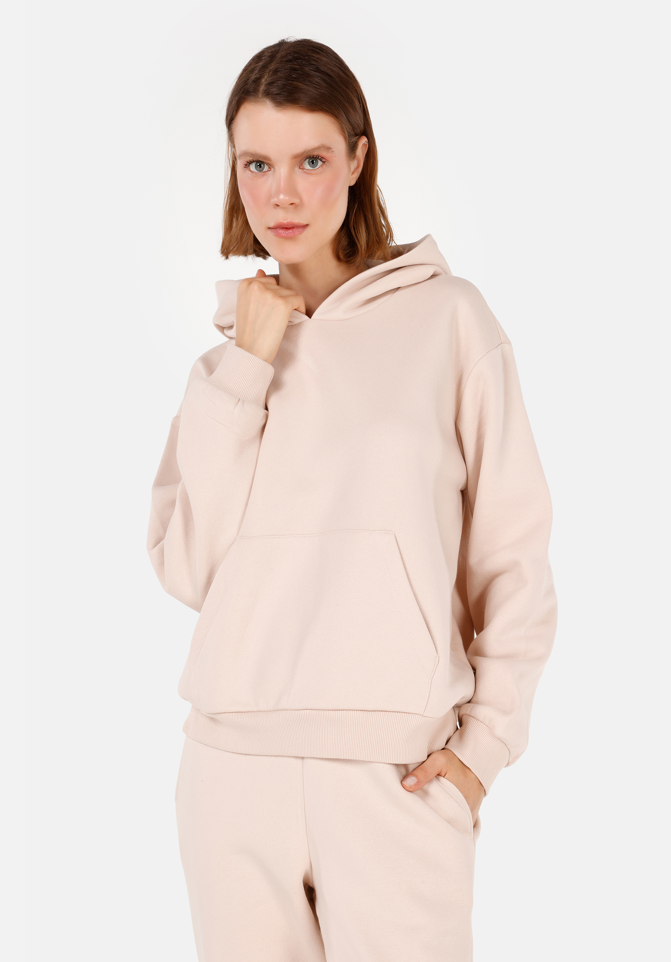 Regular Fit Kapüşonlu Düz Kadın Bej Sweatshirt