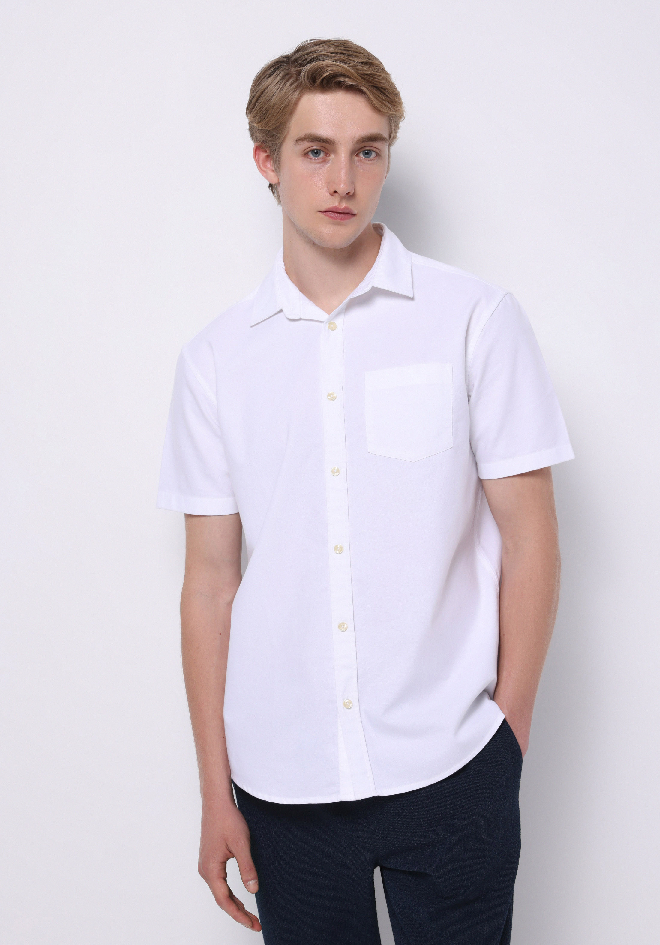 Regular Fit Shirt Neck Düz Erkek Beyaz Kısa Kol Gömlek