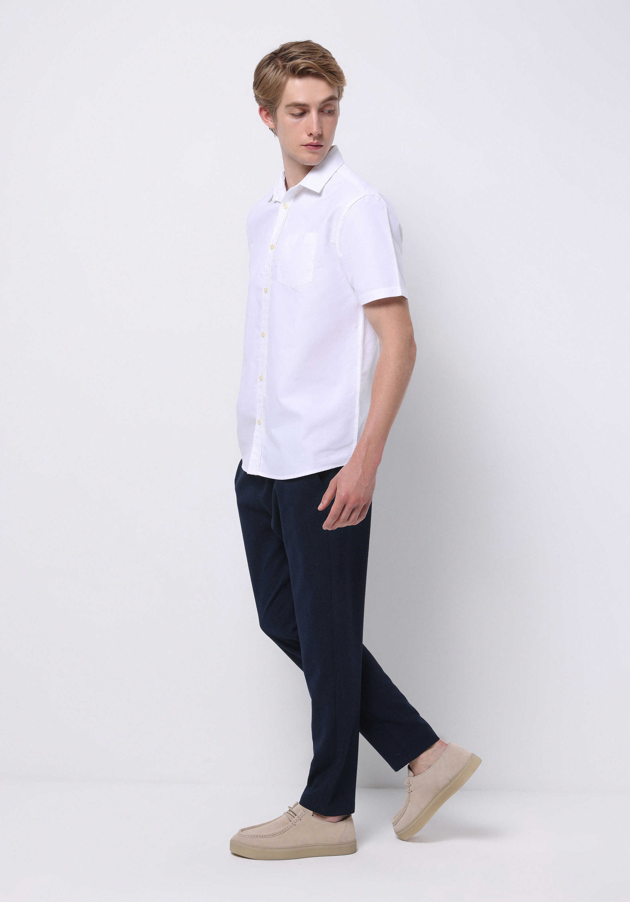 Regular Fit Shirt Neck Düz Erkek Beyaz Kısa Kol Gömlek
