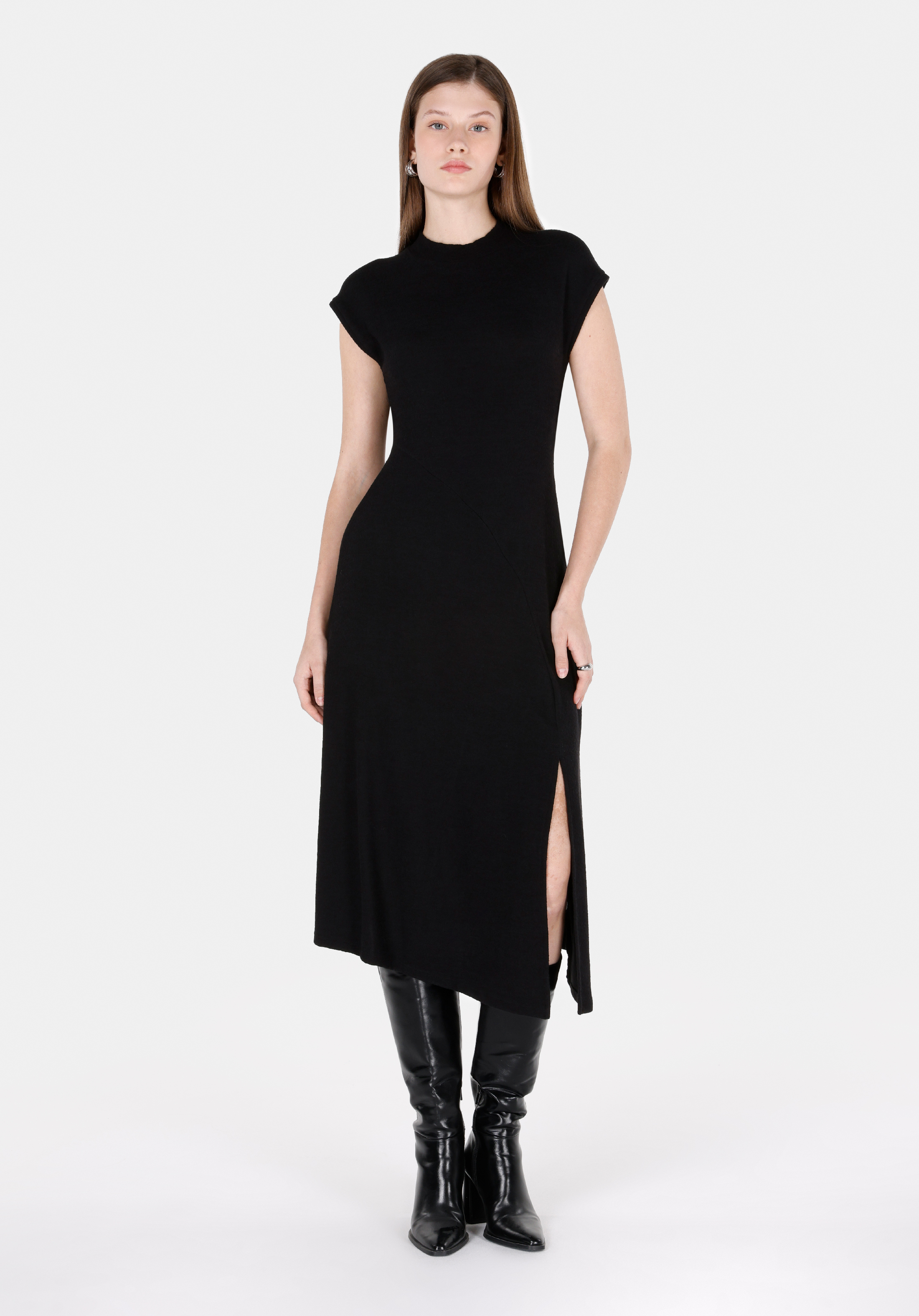 Regular Fit Düz Kadın Siyah Kısa Kol Elbise