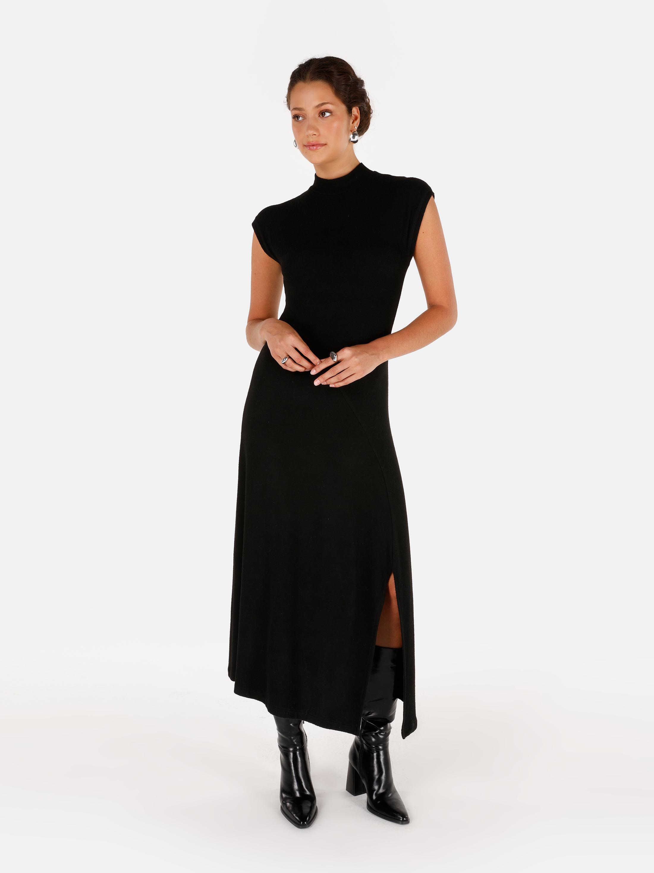 Regular Fit Düz Kadın Siyah Kısa Kol Elbise