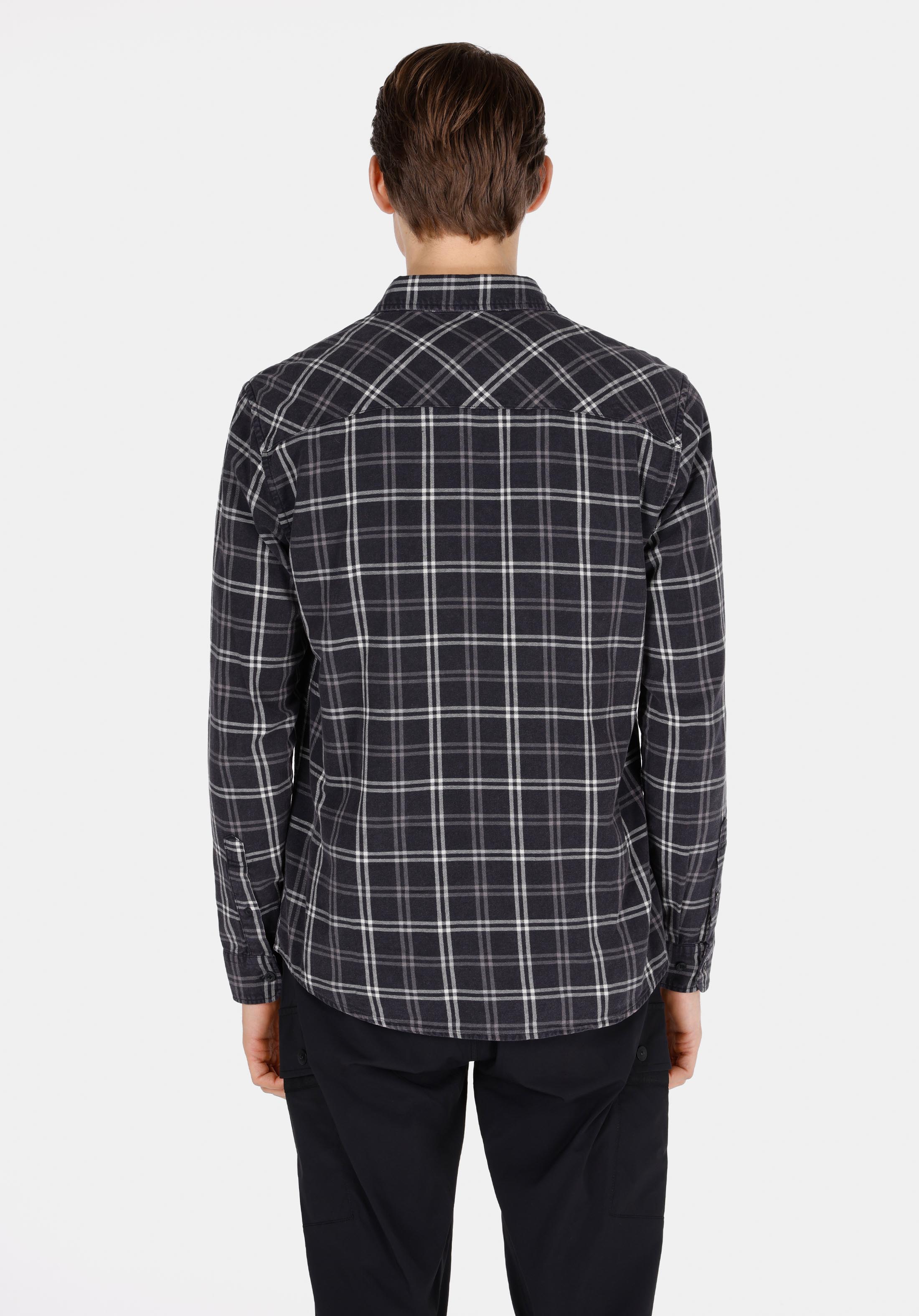 Regular Fit Shirt Neck Kareli Erkek Siyah Uzun Kol Gömlek