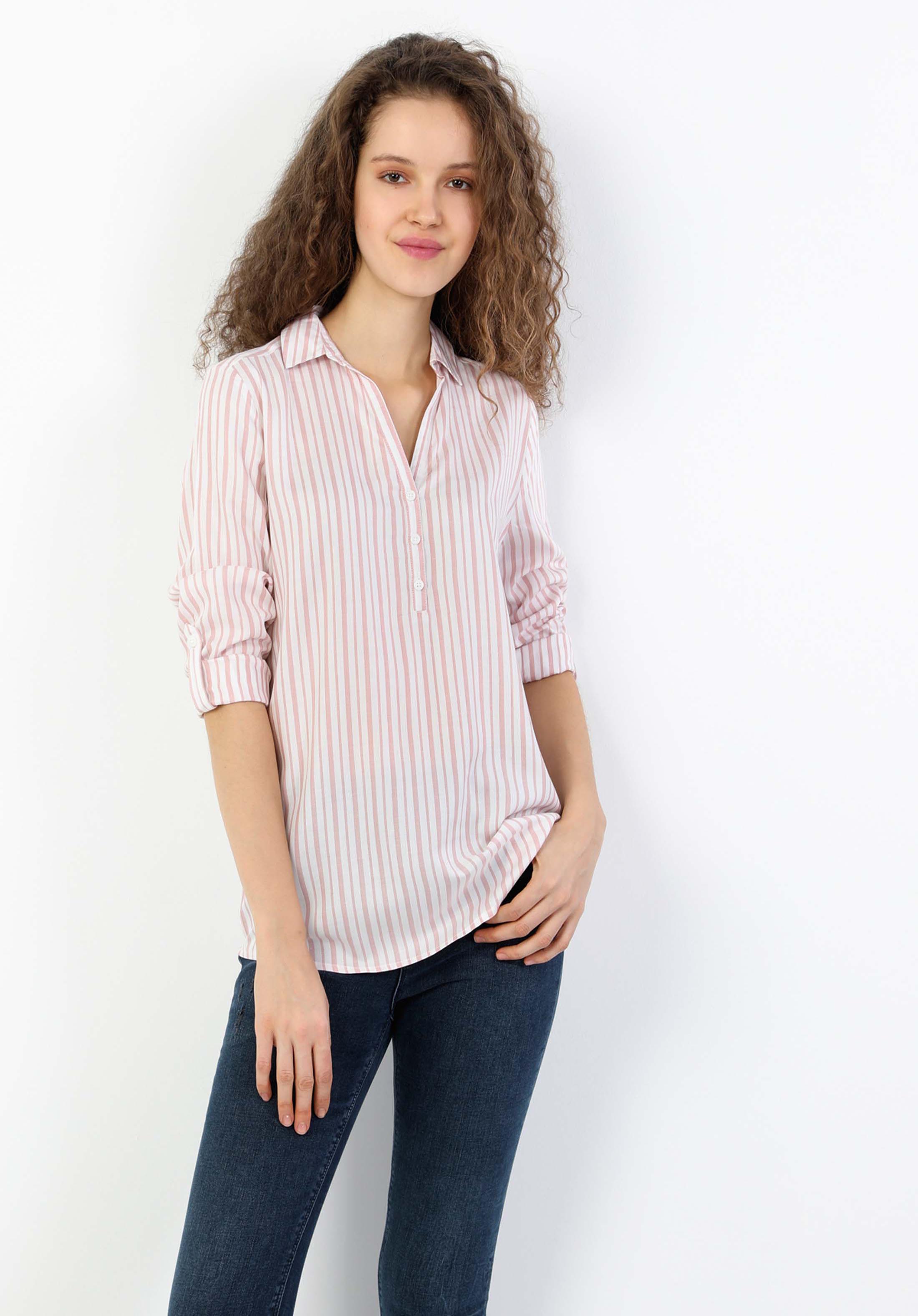 Regular Fit Shirt Neck Kadın Pembe Uzun Kol Bluz