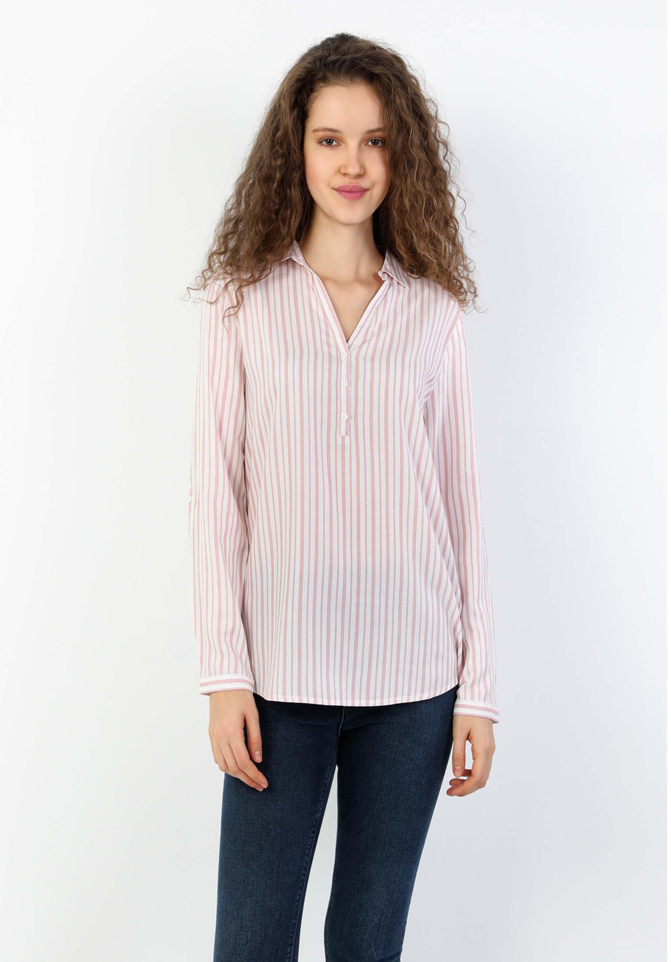 Regular Fit Shirt Neck Kadın Pembe Uzun Kol Bluz