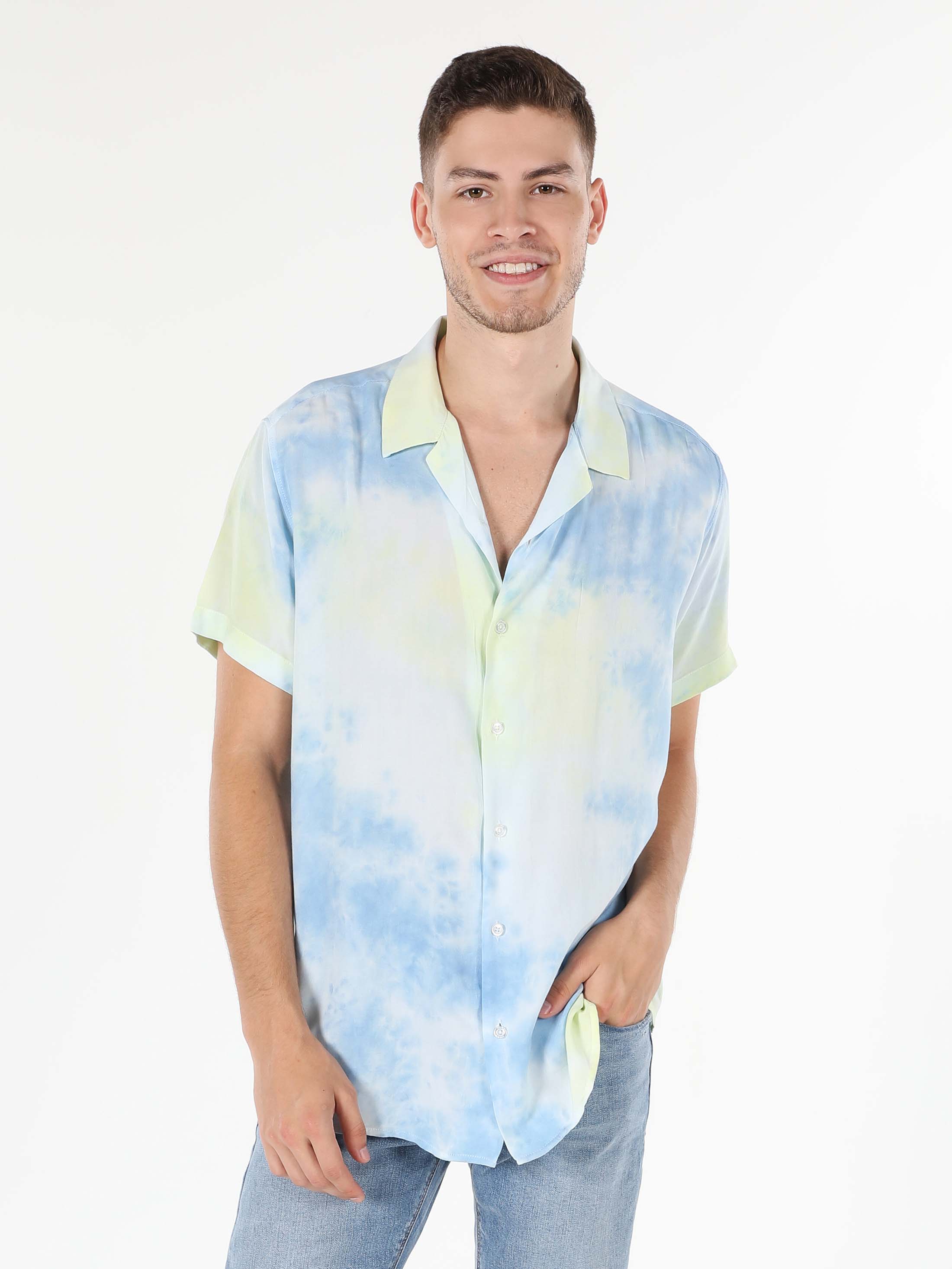 Regular Fit Shirt Neck Baskılı Erkek Mavi Kısa Kol Gömlek
