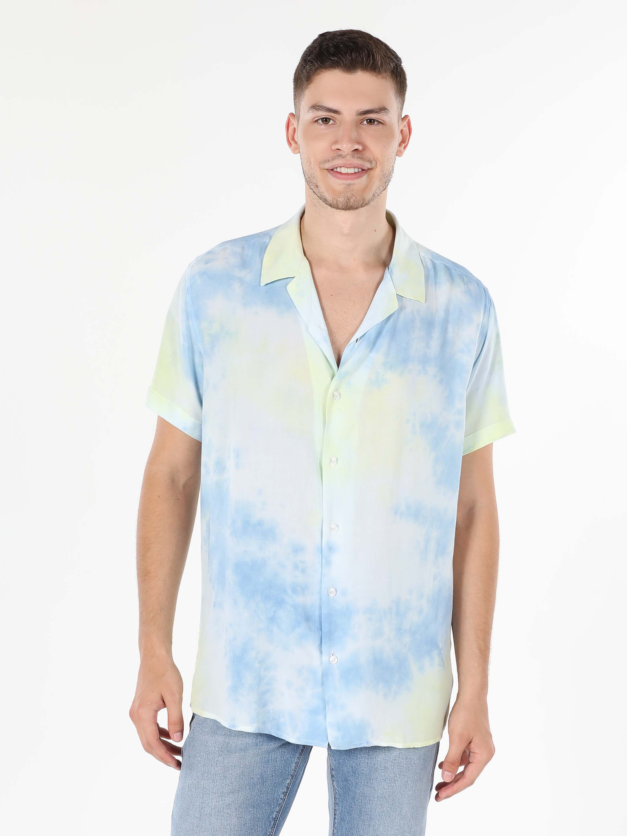 Regular Fit Shirt Neck Baskılı Erkek Mavi Kısa Kol Gömlek