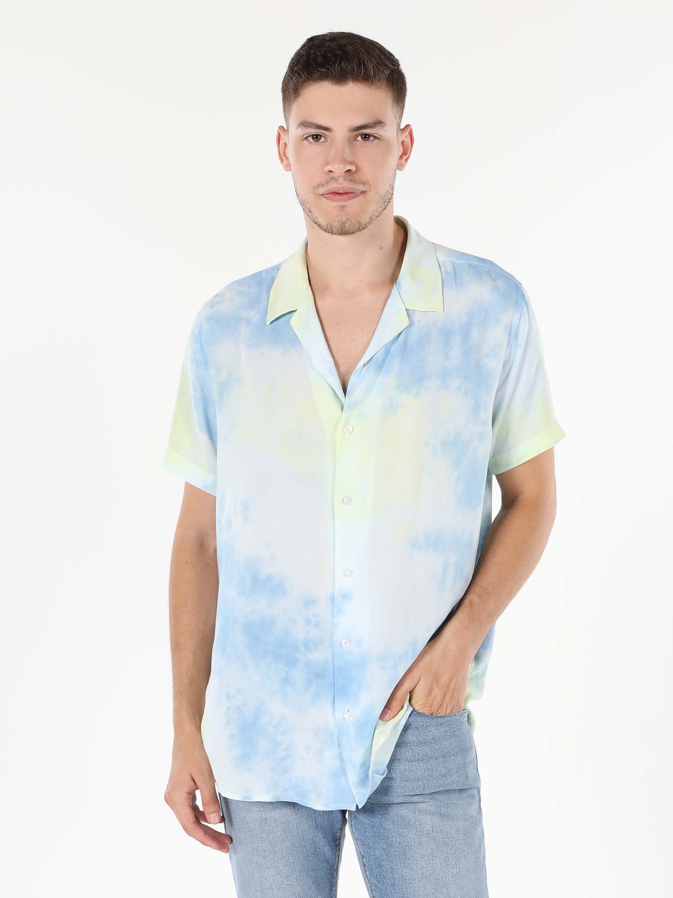 Regular Fit Shirt Neck Baskılı Erkek Mavi Kısa Kol Gömlek