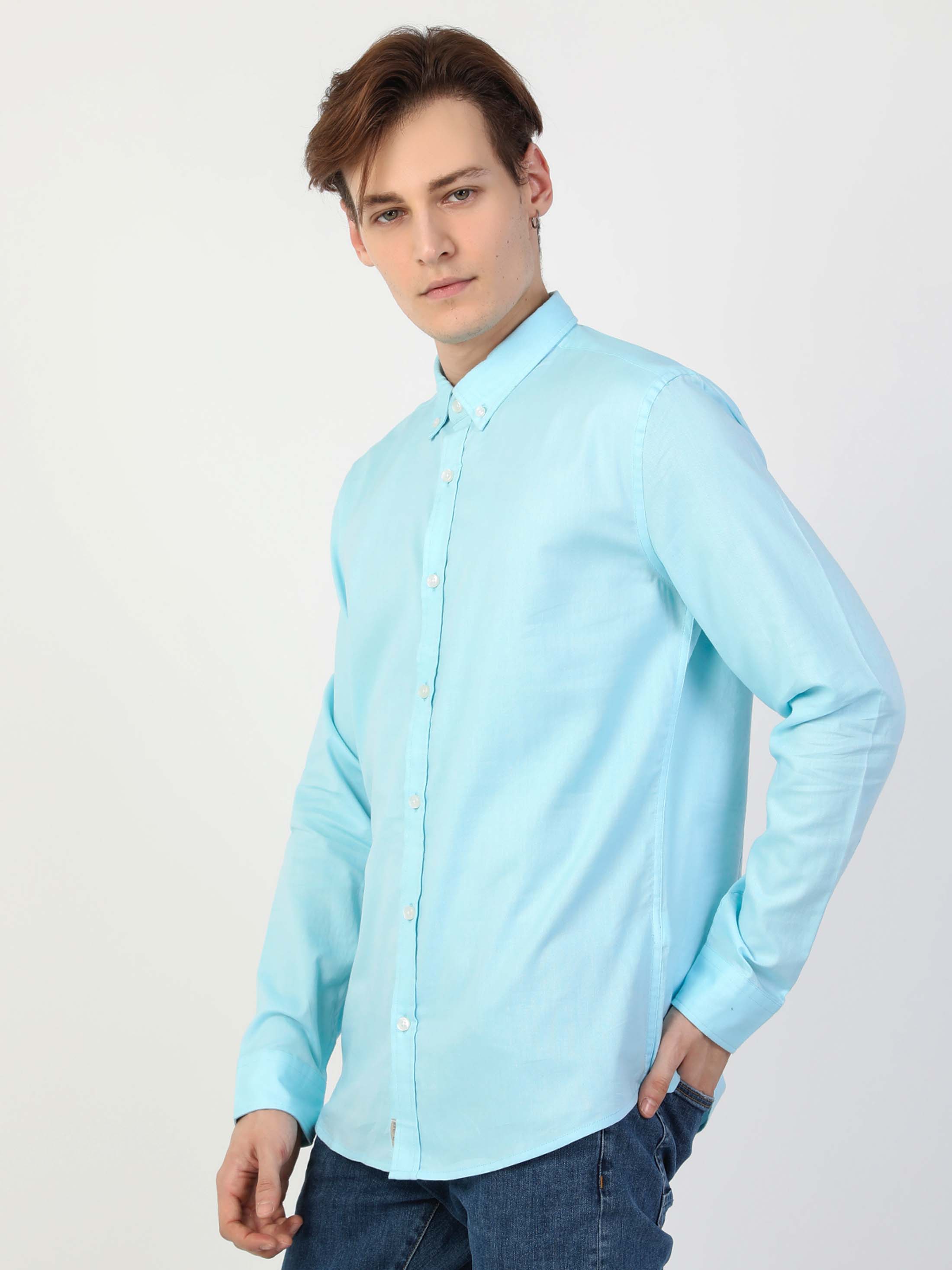 Slim Fit Shirt Neck Düz Erkek Turkuaz Uzun Kol Gömlek