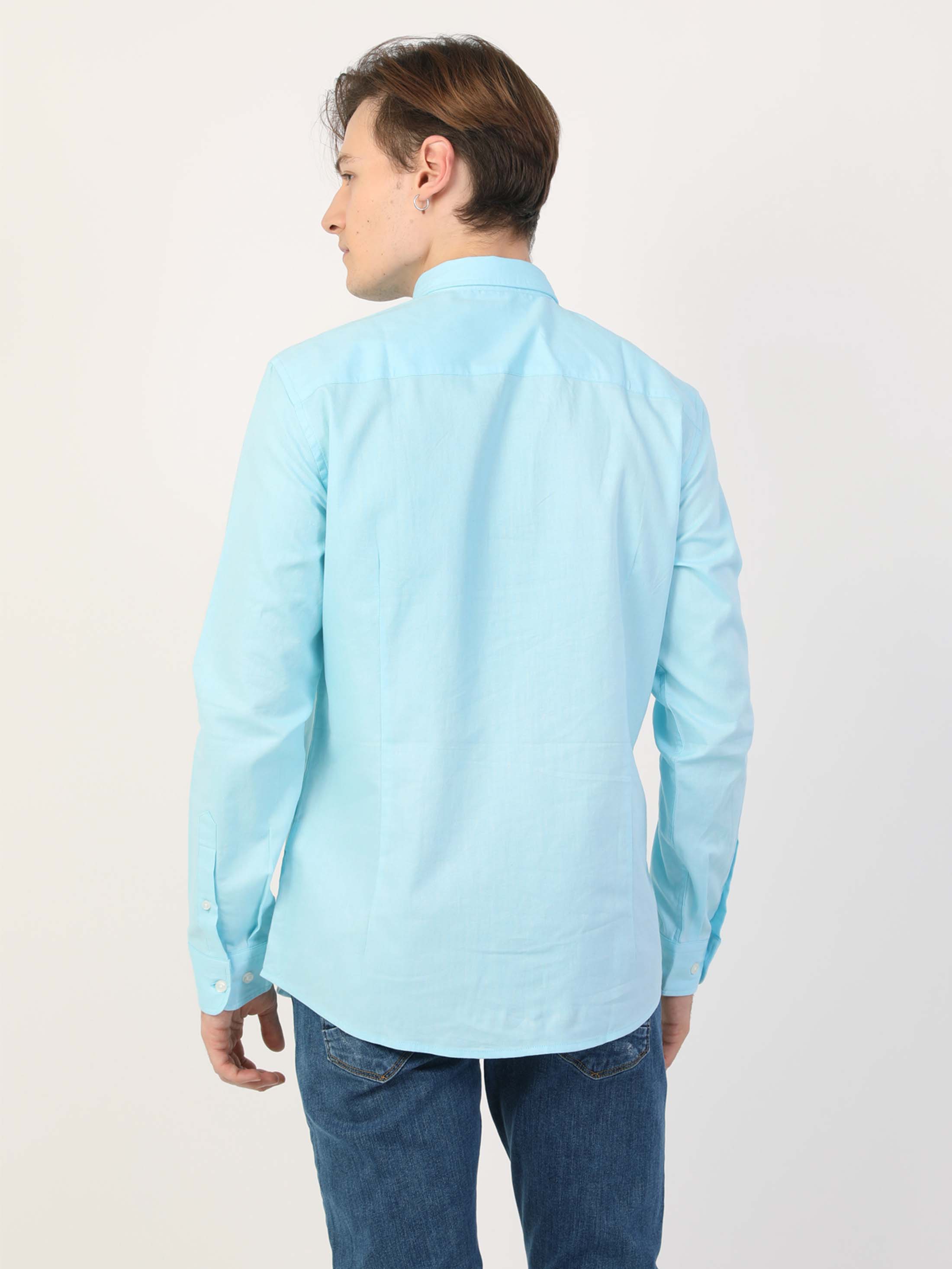 Slim Fit Shirt Neck Düz Erkek Turkuaz Uzun Kol Gömlek