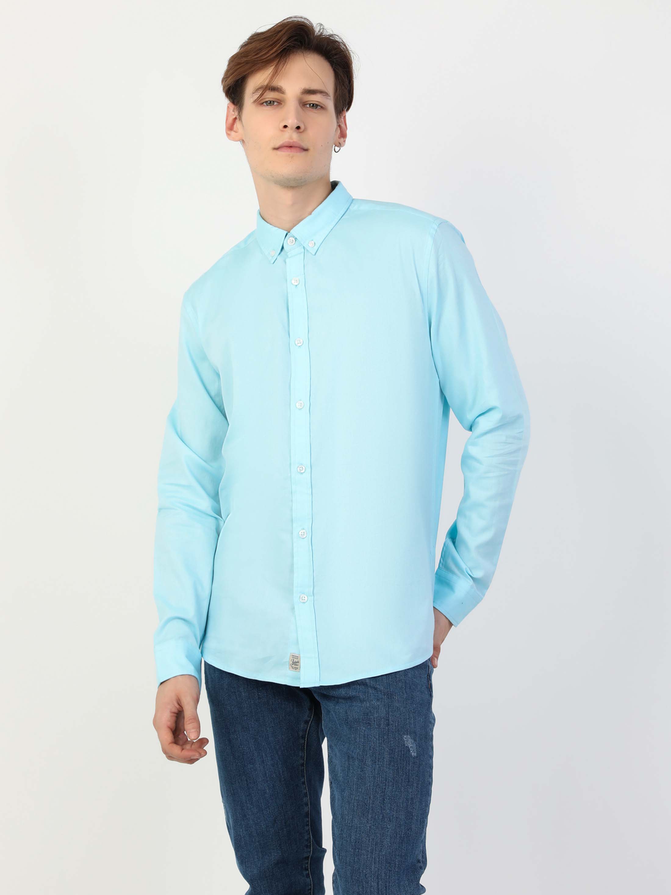 Slim Fit Shirt Neck Düz Erkek Turkuaz Uzun Kol Gömlek