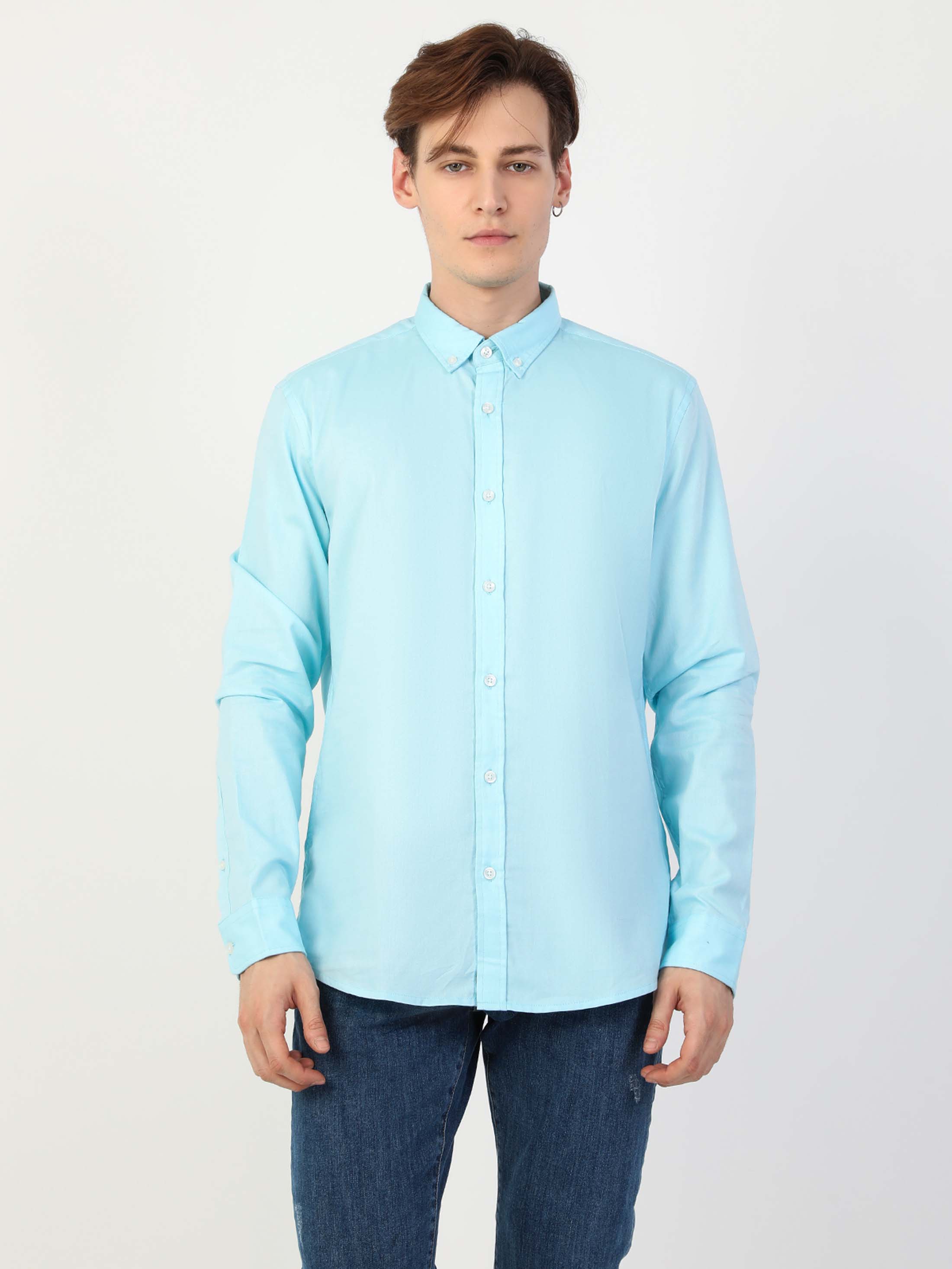 Slim Fit Shirt Neck Düz Erkek Turkuaz Uzun Kol Gömlek