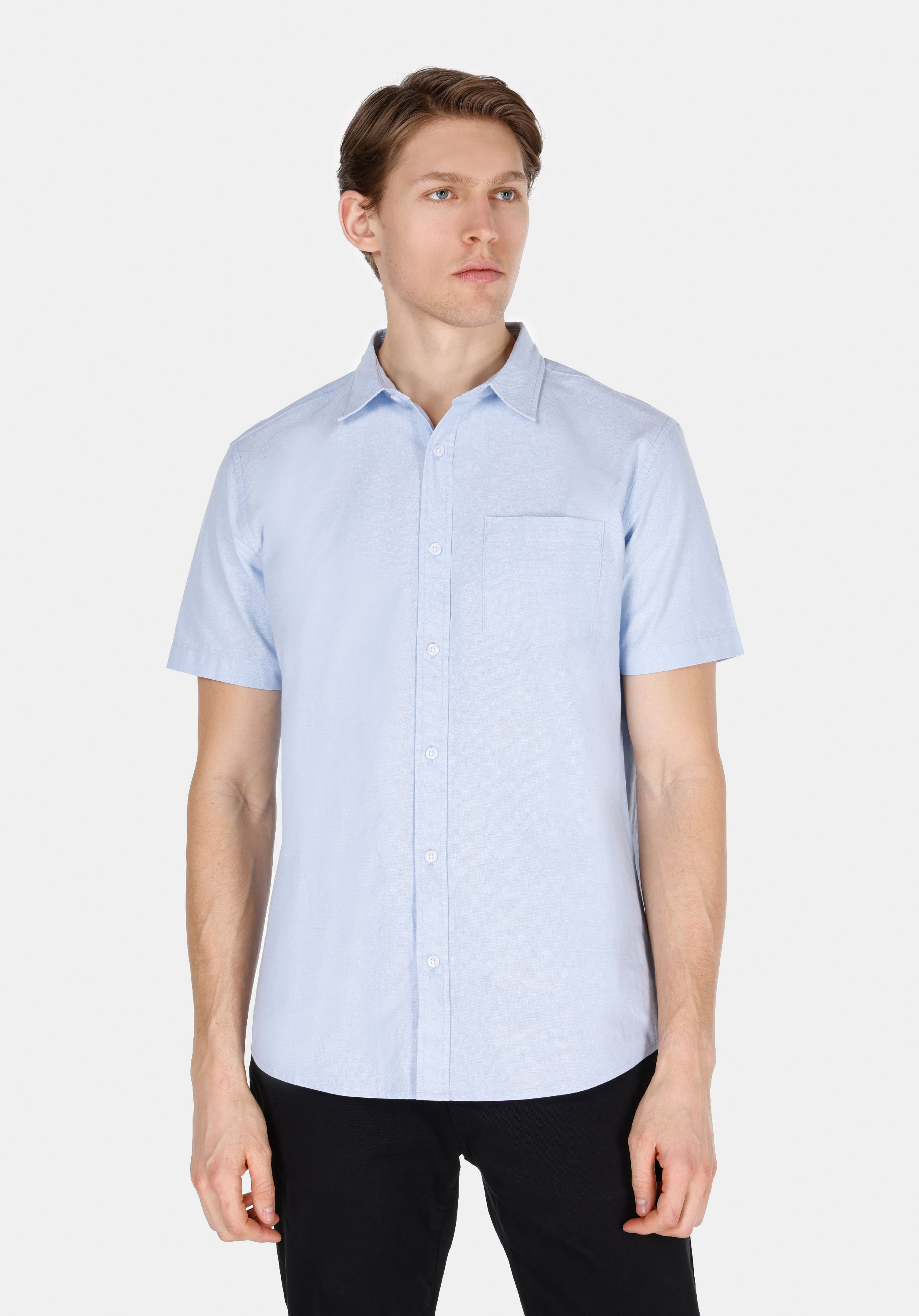 Regular Fit Shirt Neck Düz Erkek Mavi Kısa Kol Gömlek