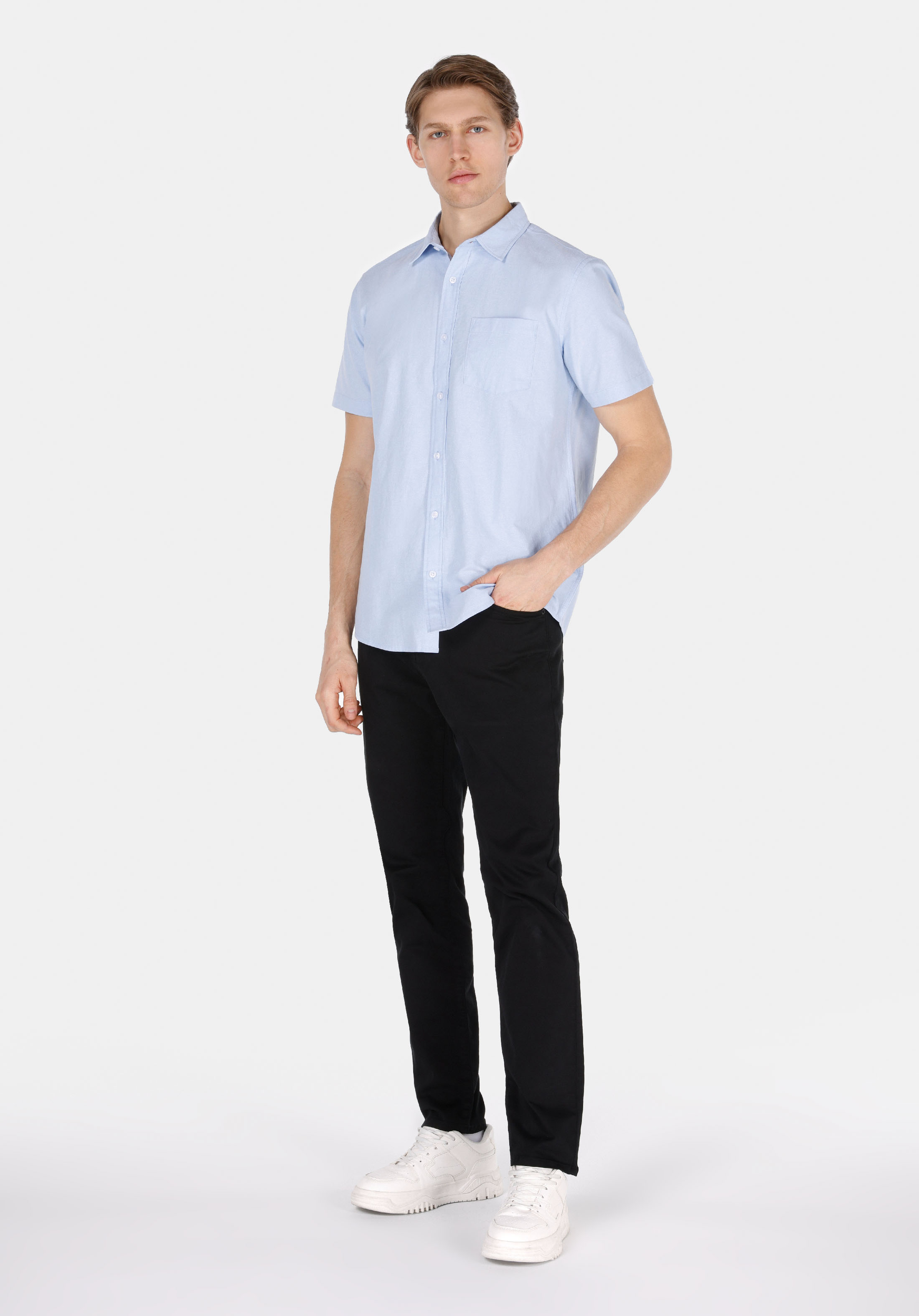 Regular Fit Shirt Neck Düz Erkek Mavi Kısa Kol Gömlek