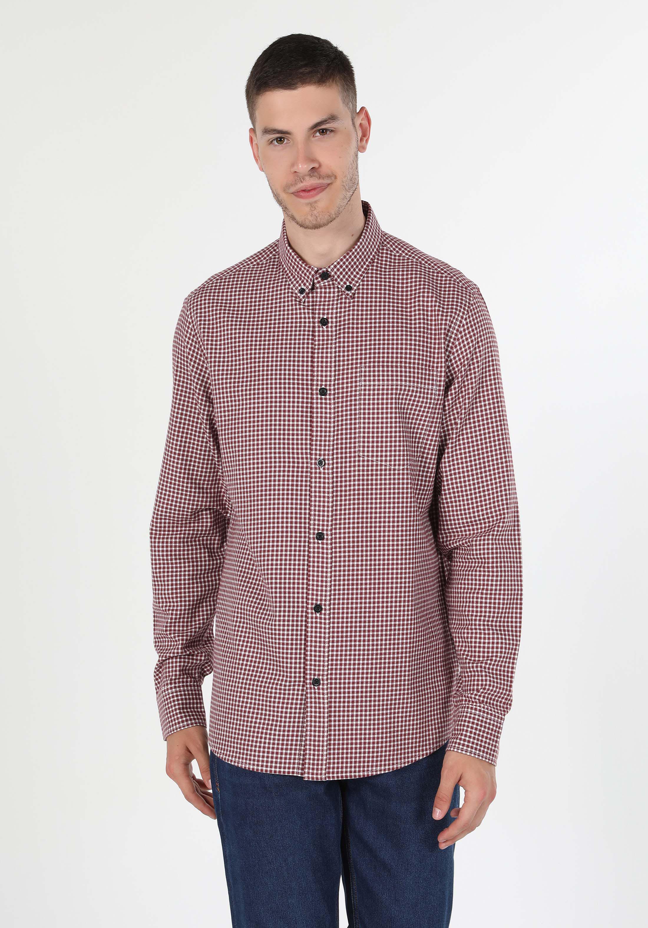 Regular Fit Shirt Neck Kareli Erkek Bordo Uzun Kol Gömlek