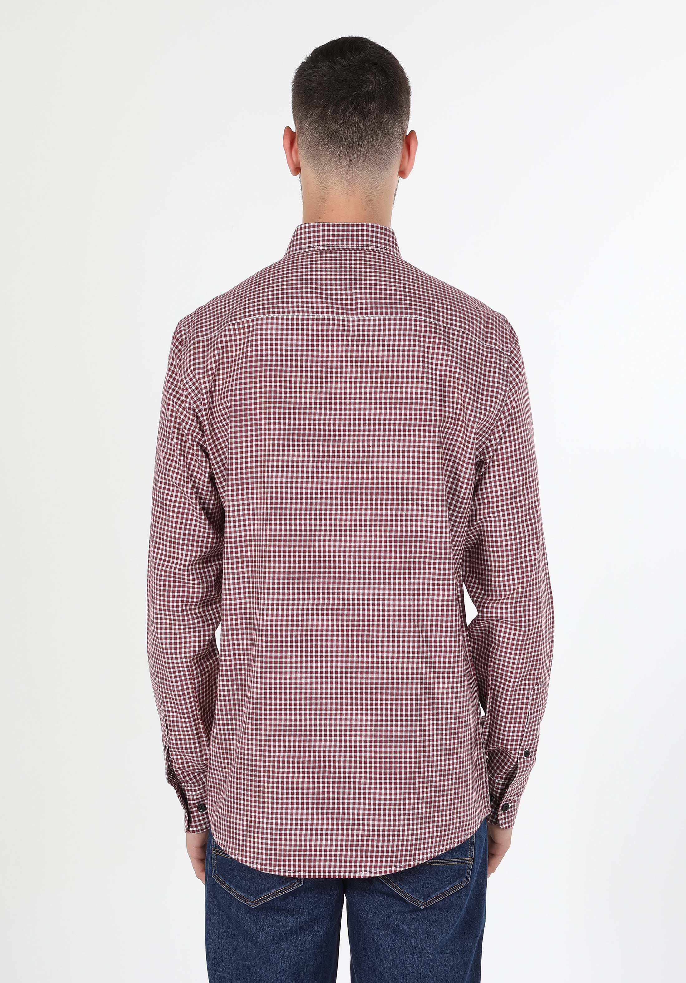 Regular Fit Shirt Neck Kareli Erkek Bordo Uzun Kol Gömlek