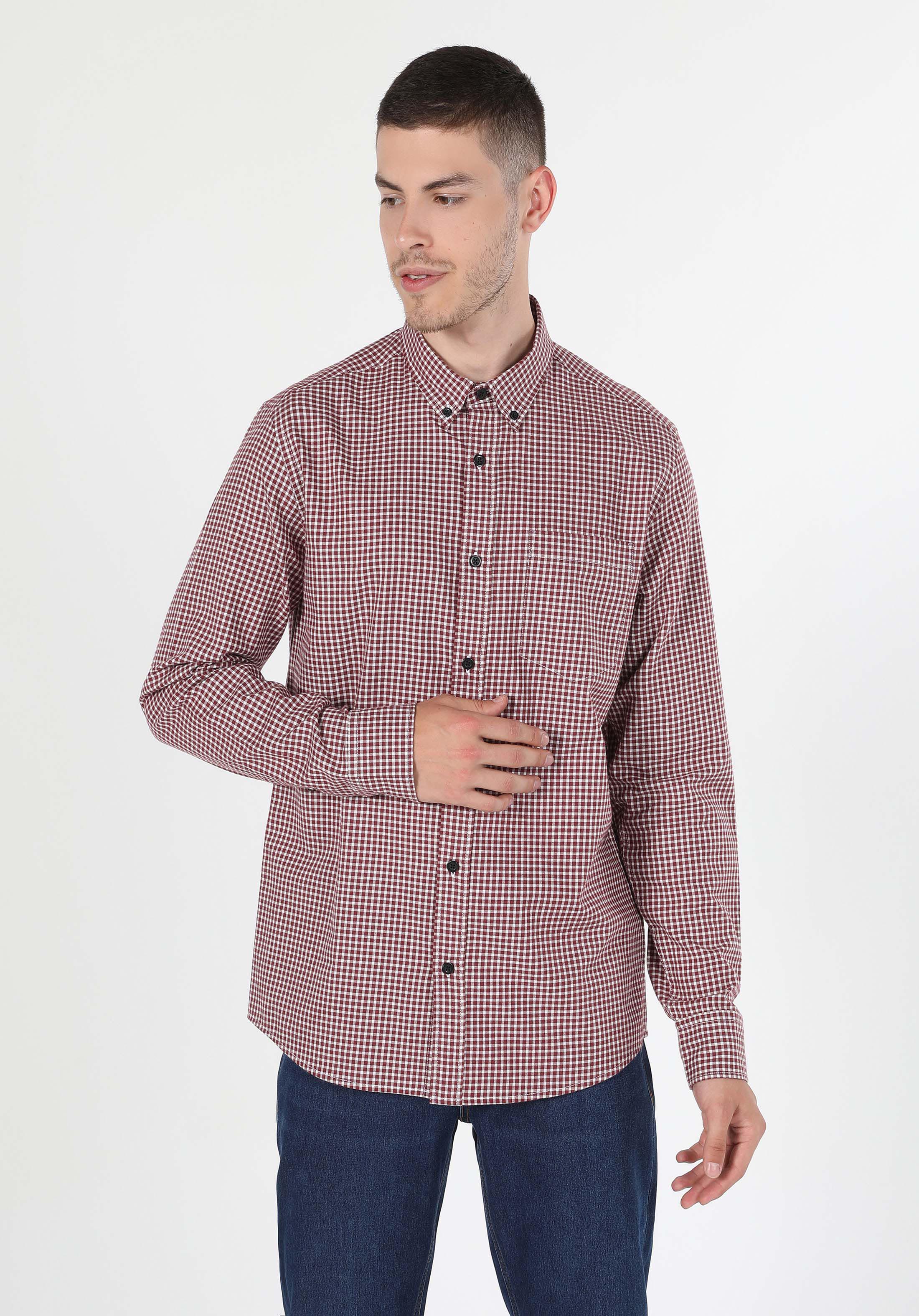 Regular Fit Shirt Neck Kareli Erkek Bordo Uzun Kol Gömlek