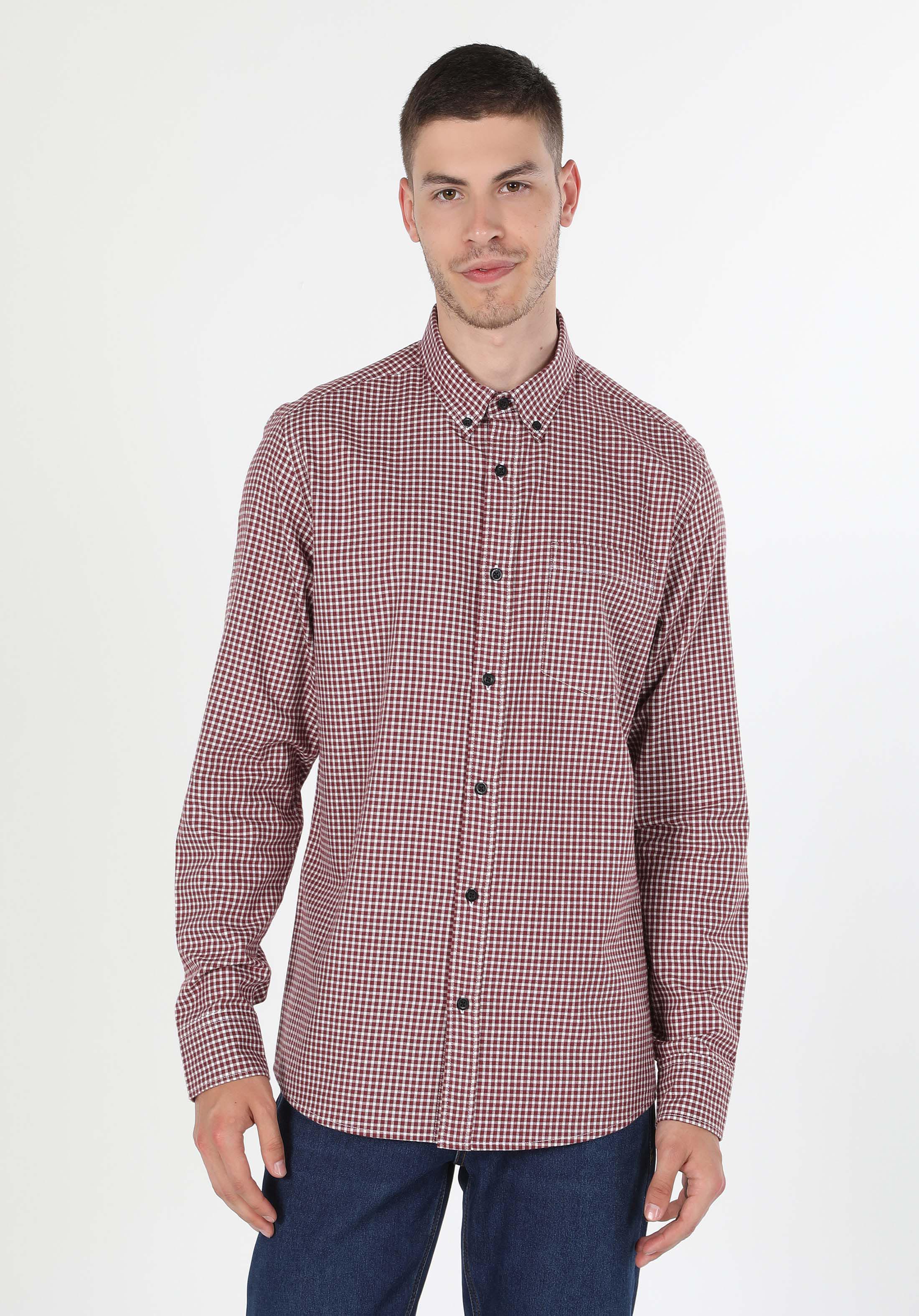 Regular Fit Shirt Neck Kareli Erkek Bordo Uzun Kol Gömlek