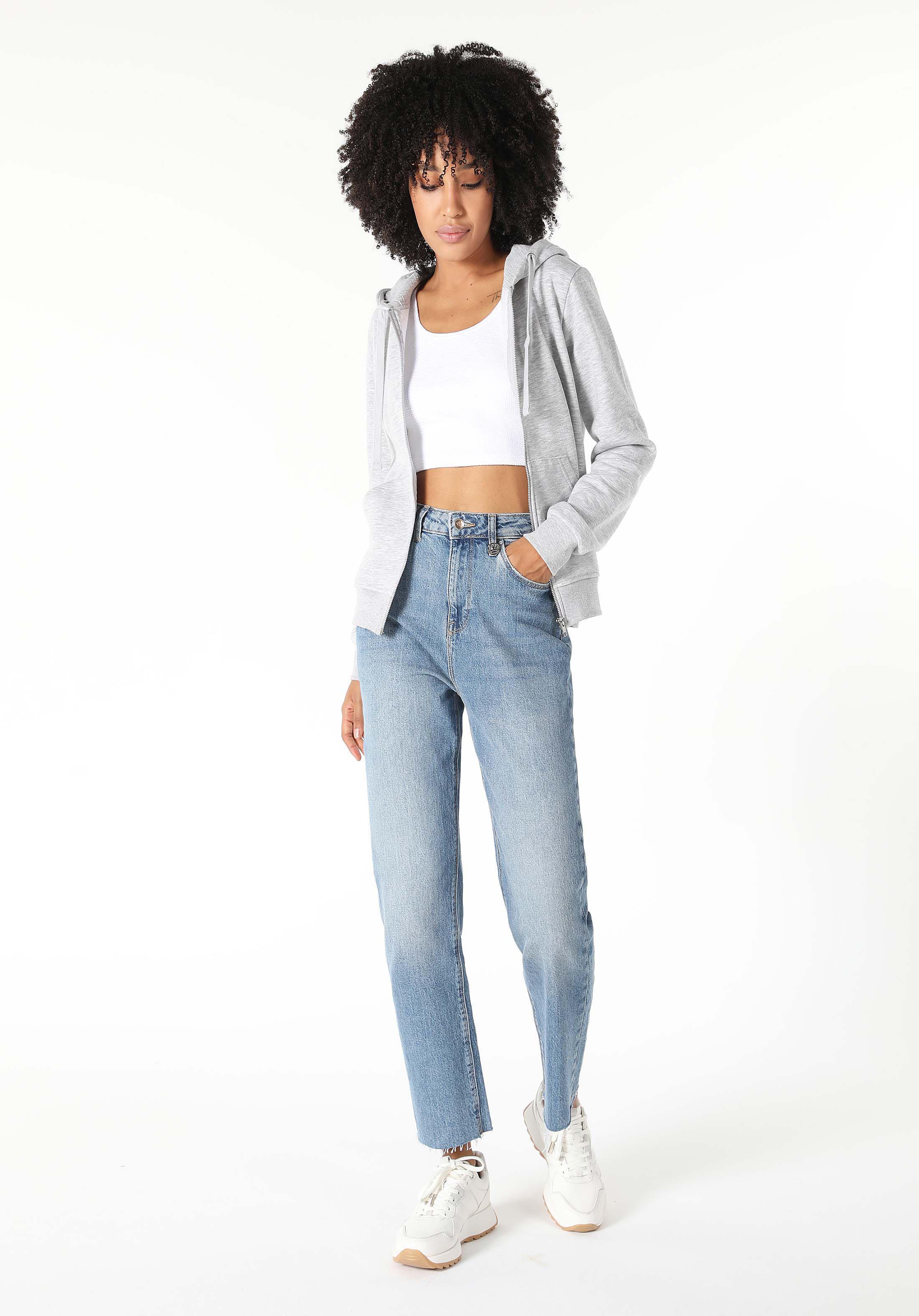 Regular Fit Kapüşonlu Düz Kadın Gri Sweatshirt