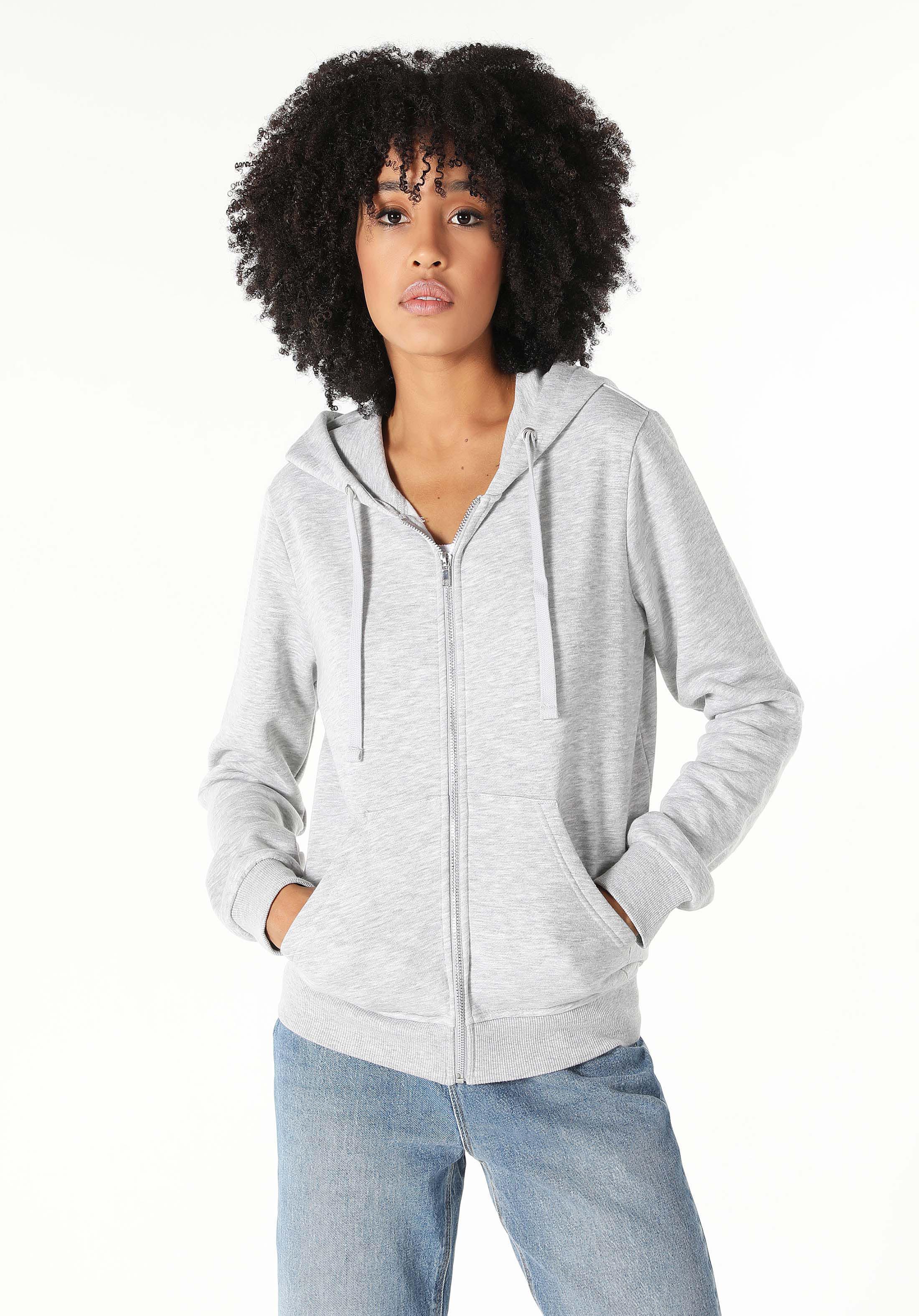 Regular Fit Kapüşonlu Düz Kadın Gri Sweatshirt