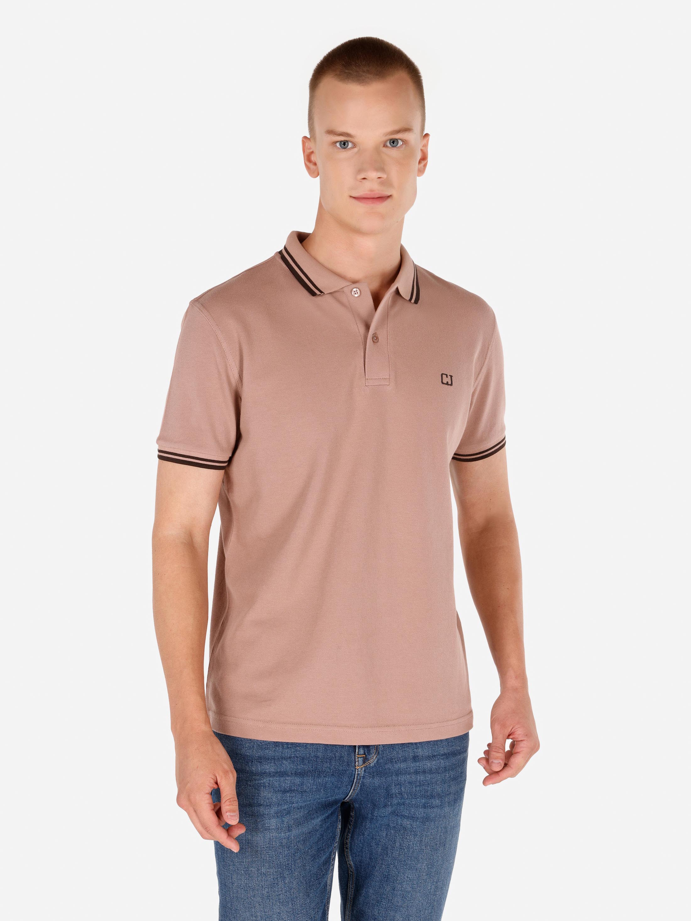Regular Fit Polo Yaka Düz Erkek Pembe Kısa Kol Tişört