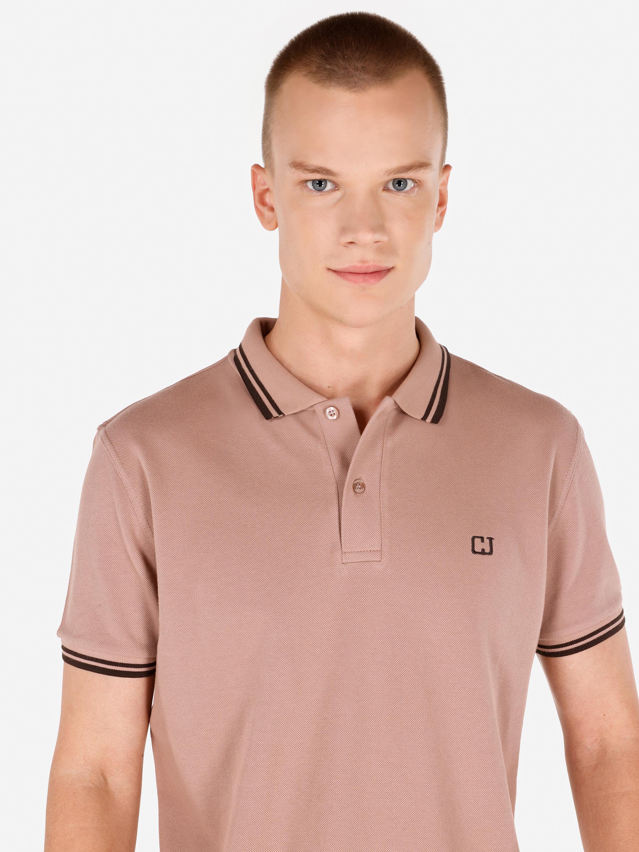 Regular Fit Polo Yaka Düz Erkek Pembe Kısa Kol Tişört