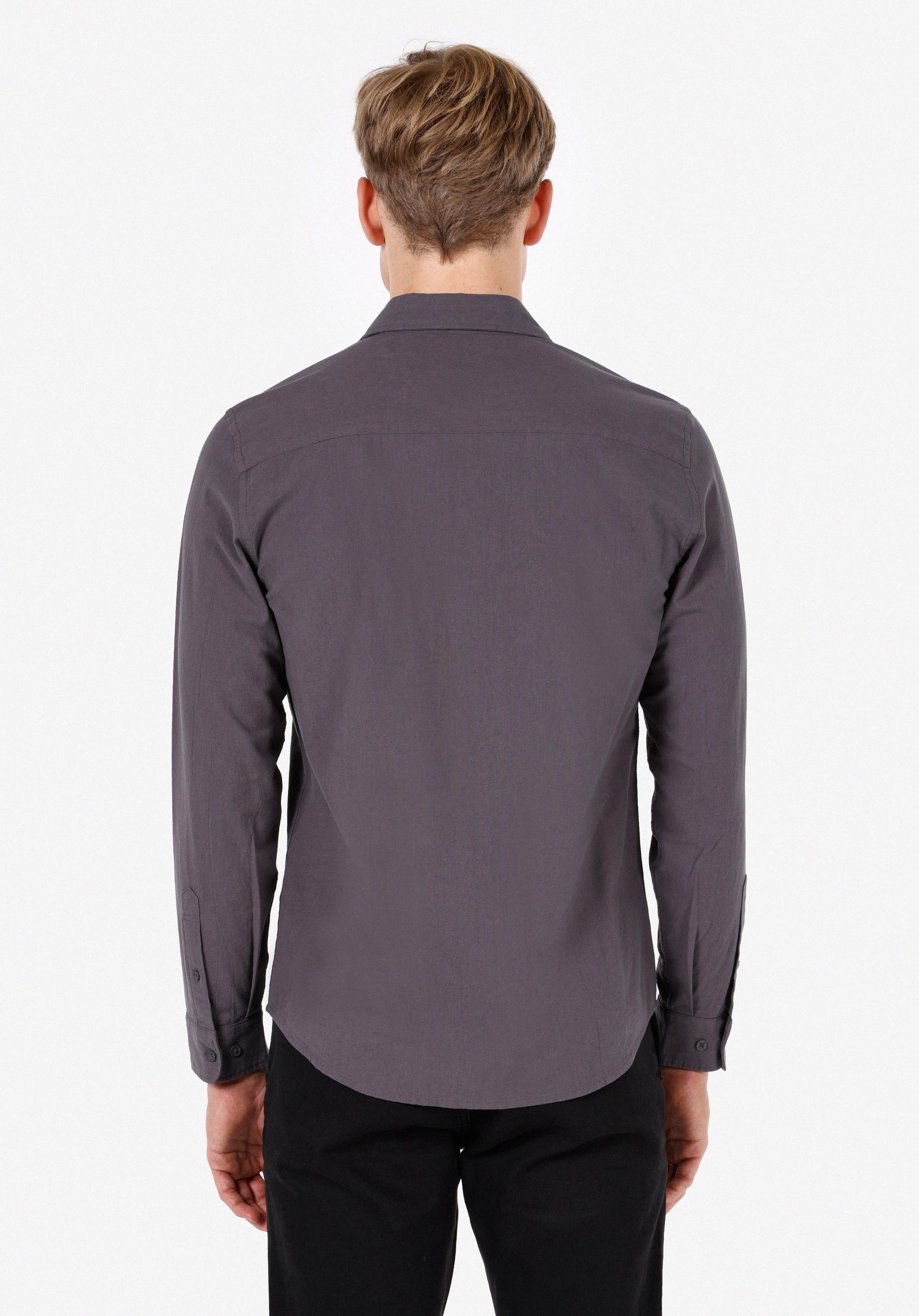 Slim Fit Shirt Neck Düz Erkek Gri Uzun Kol Gömlek