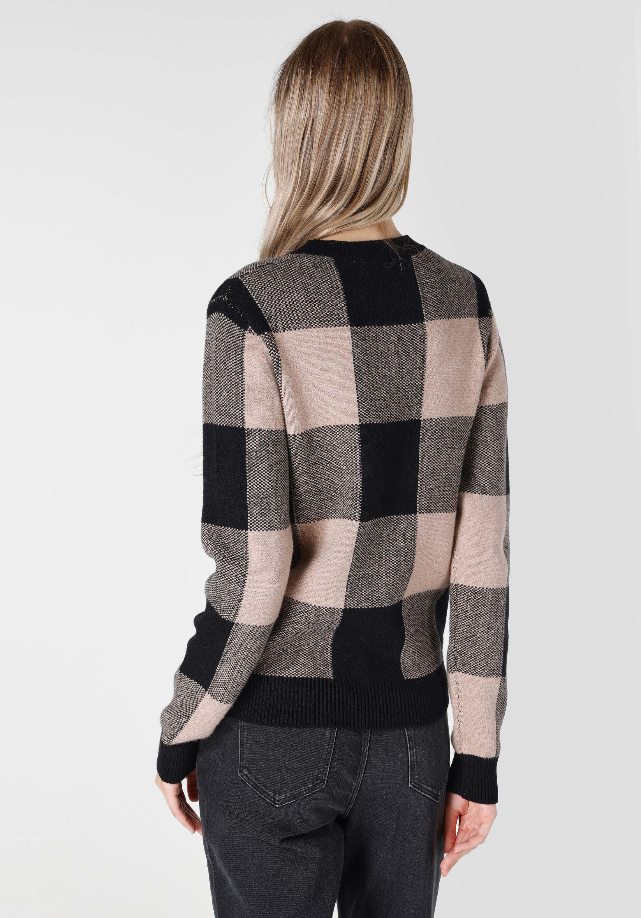 Slim Fit Yuvarlak Yaka Kareli Kadın Siyah Kazak