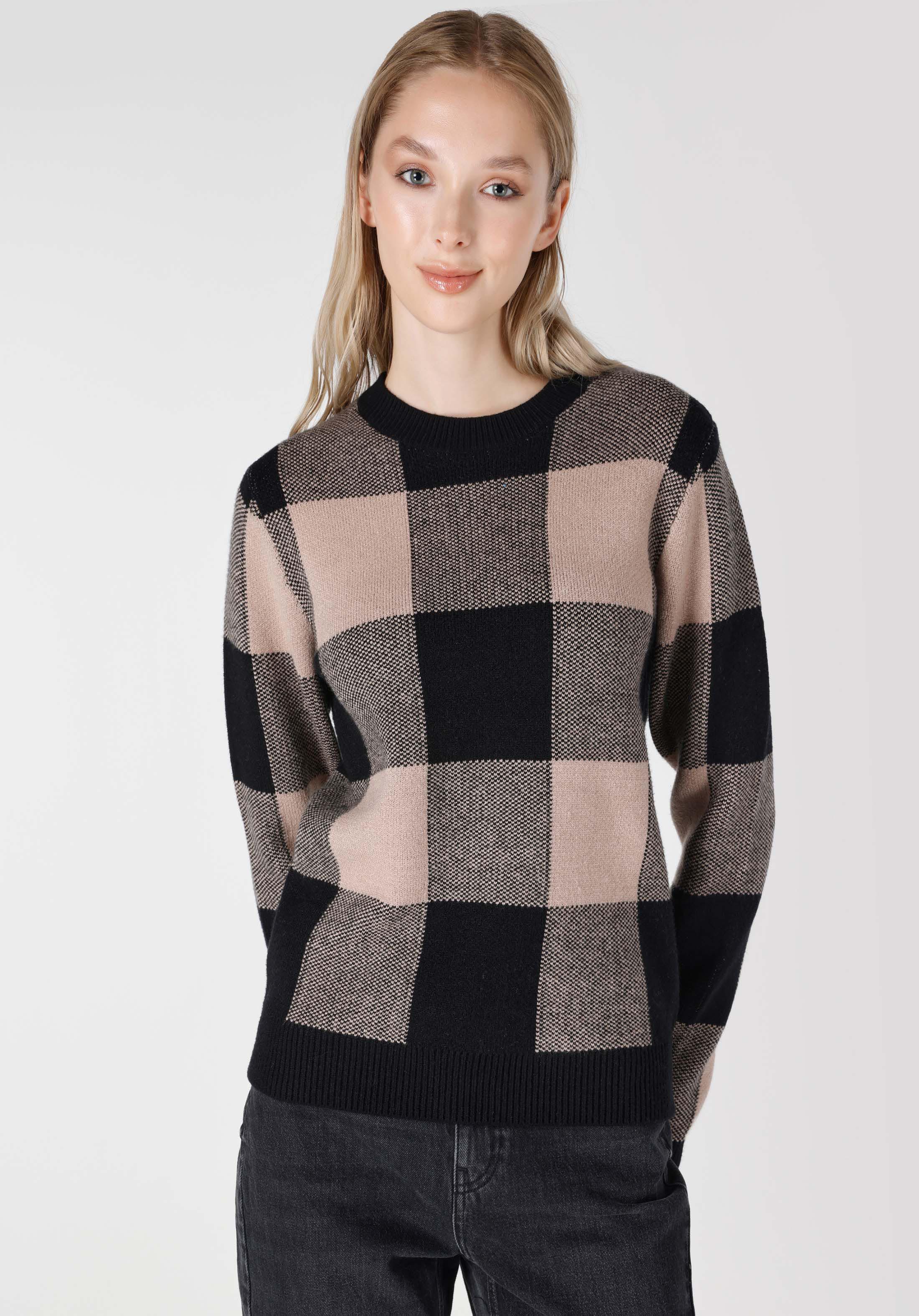 Slim Fit Yuvarlak Yaka Kareli Kadın Siyah Kazak