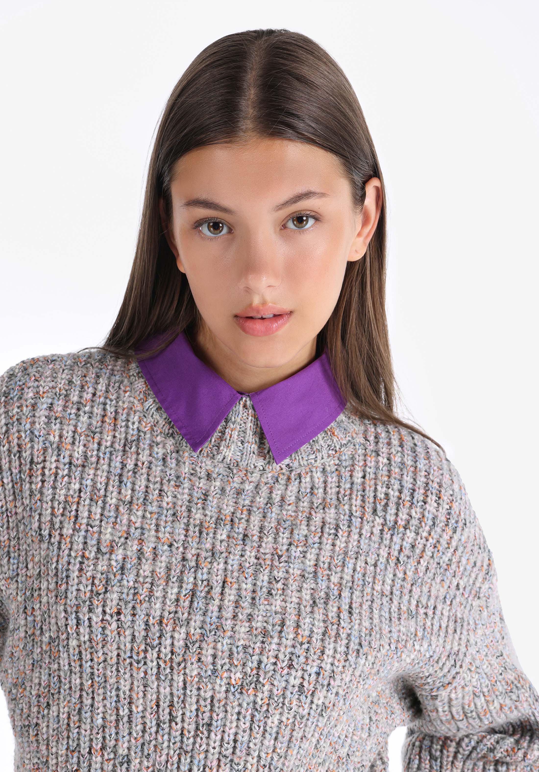 Slim Fit Yuvarlak Yaka Düz Kadın Çok Renkli Kazak