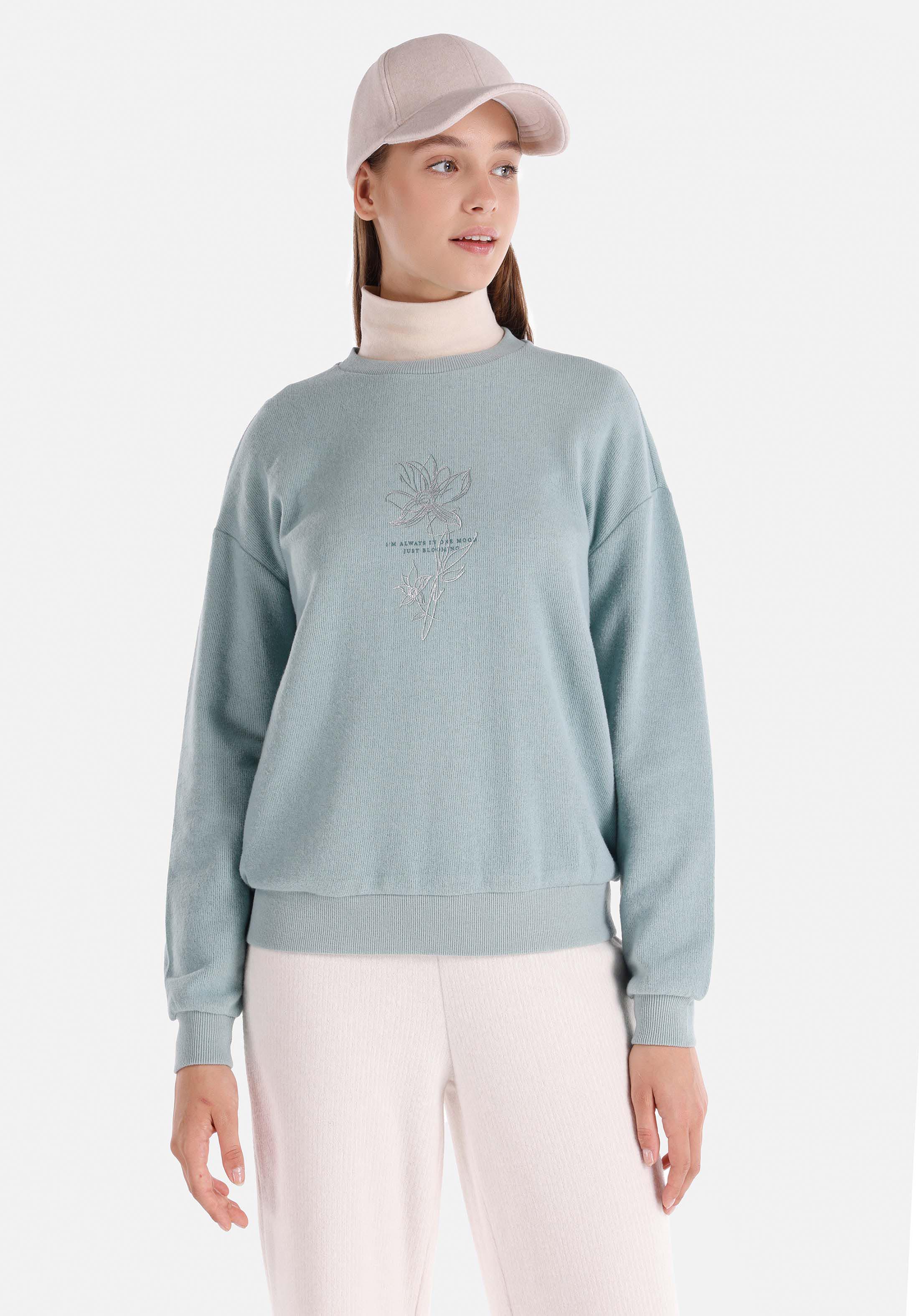 Regular Fit Yuvarlak Yaka Baskılı Kadın Yeşil Uzun Kol Tişört