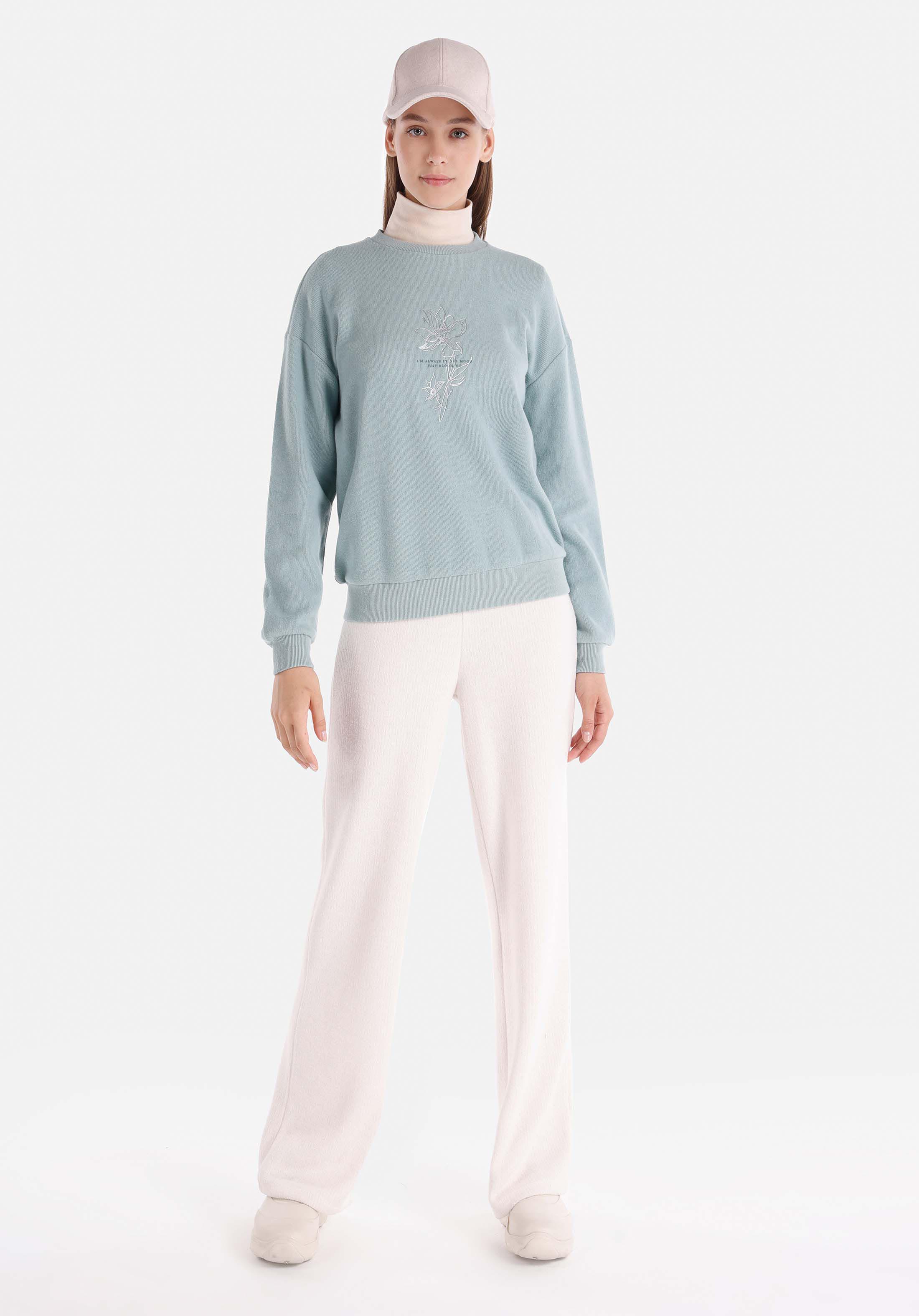 Regular Fit Yuvarlak Yaka Baskılı Kadın Yeşil Uzun Kol Tişört