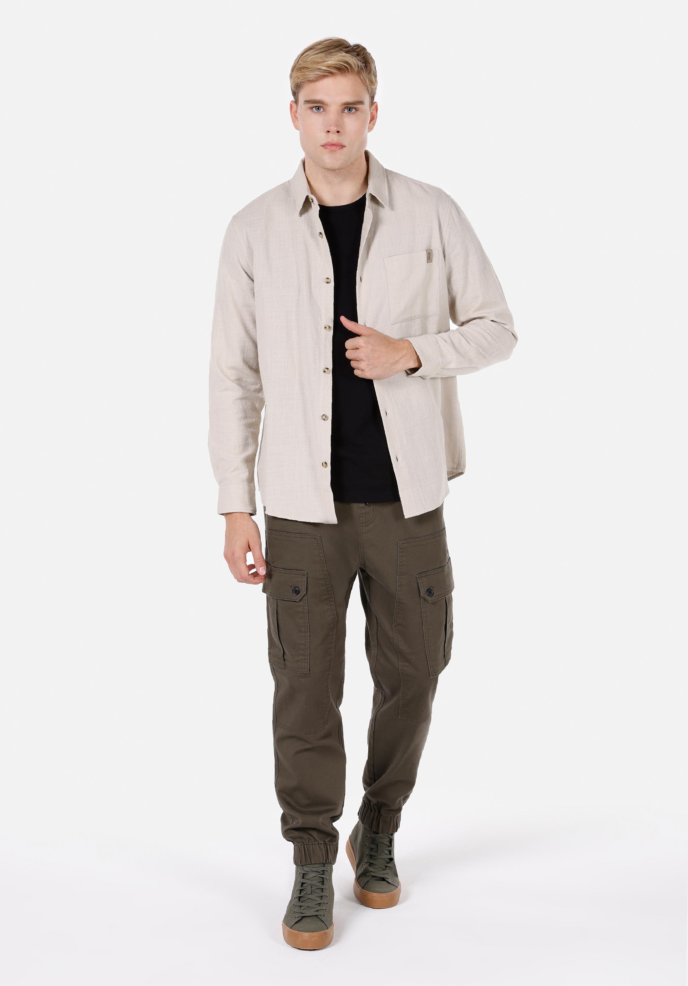 Regular Fit Shirt Neck Düz Erkek Taş Uzun Kol Gömlek