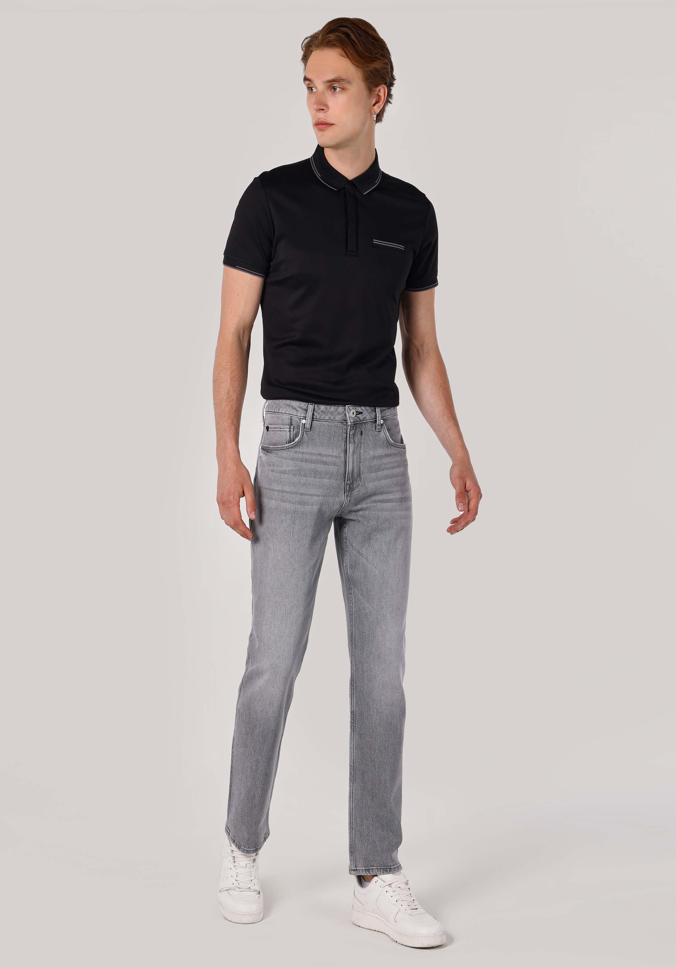 Regular Fit Orta Bel Düz Paça Erkek Gri Jean Pantolon