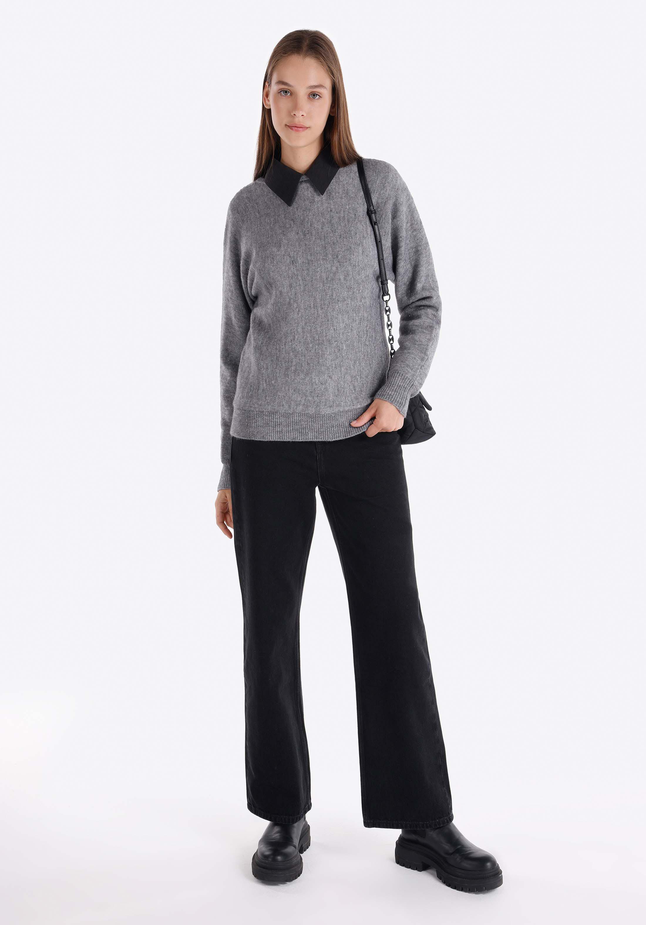 Regular Fit Kayık Yaka Düz Kadın Gri Kazak