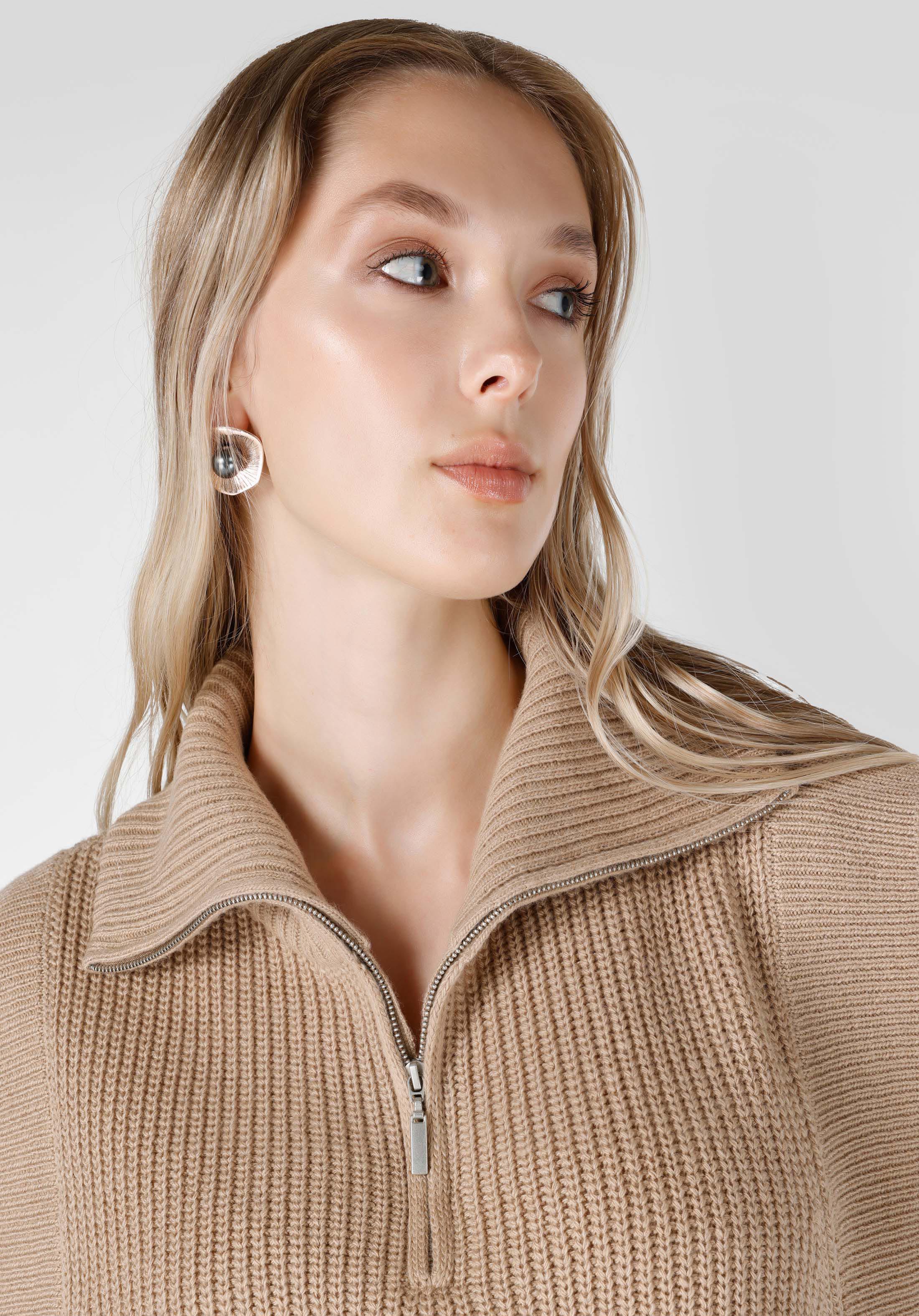 Regular Fit Fermuarlı Düz Kadın Bej Kazak