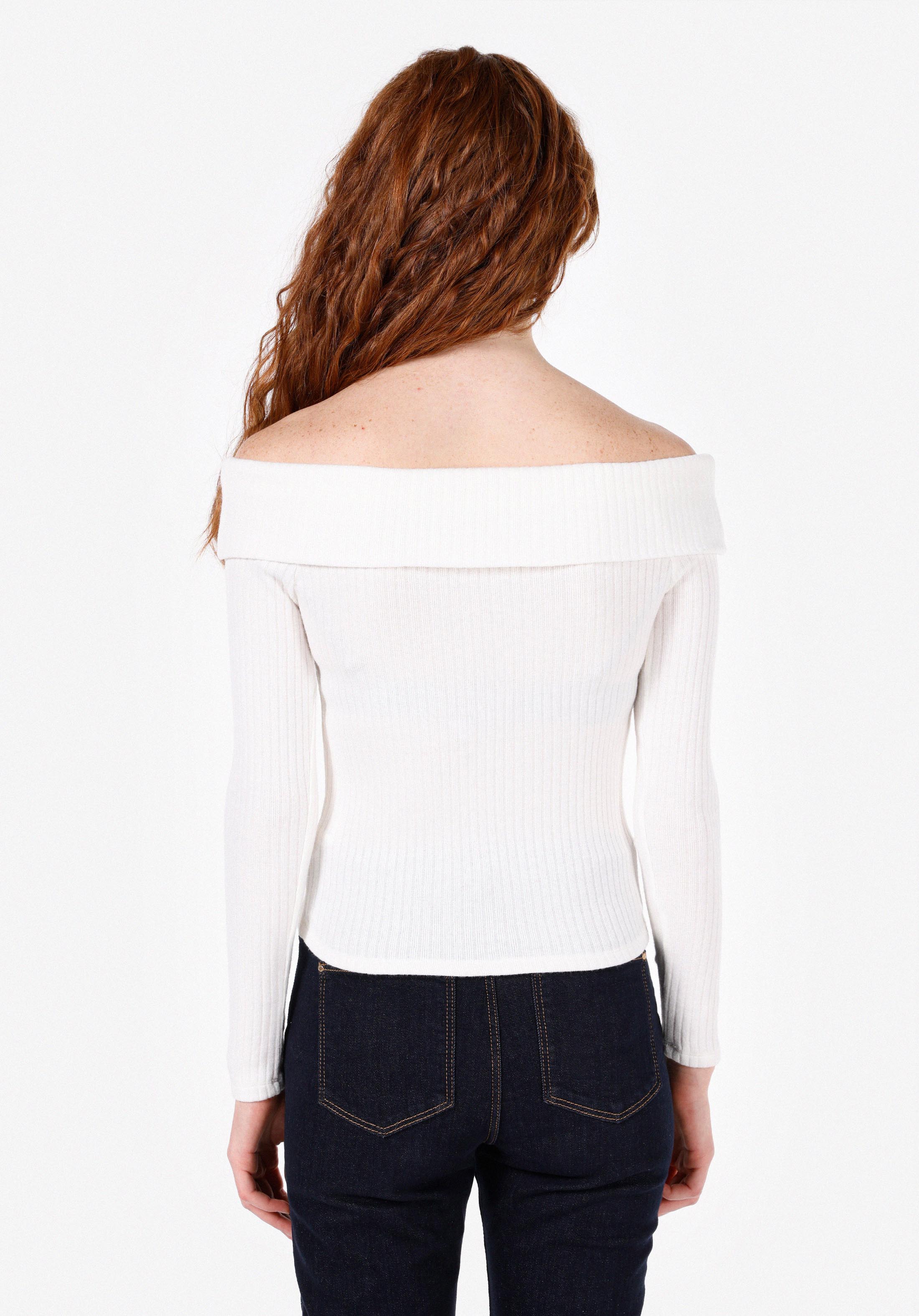 Slim Fit Kayık Yaka Düz Kadın Ekru Tişört