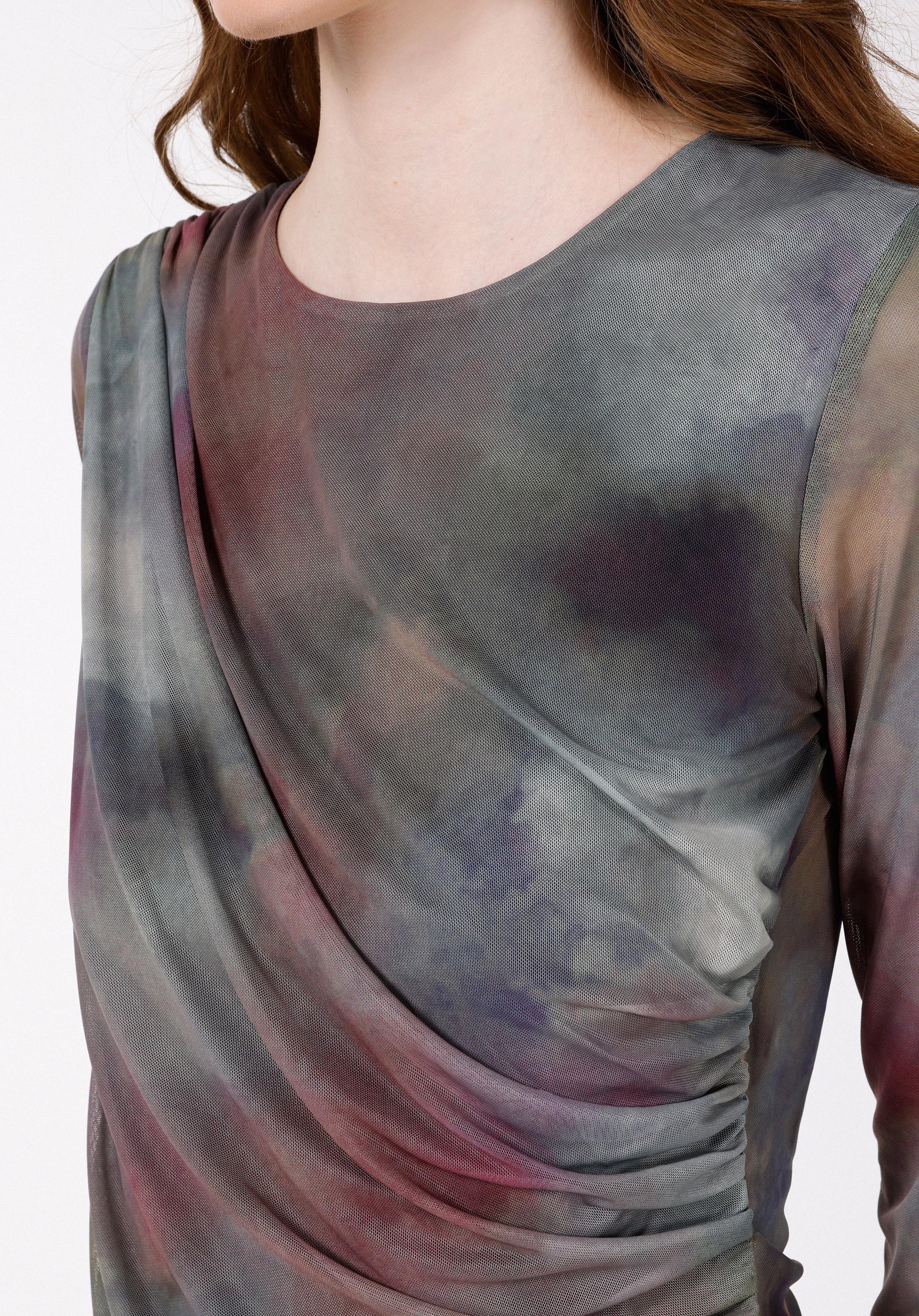 Slim Fit Degaje Batik Kadın Çok Renkli Uzun Kol Tişört