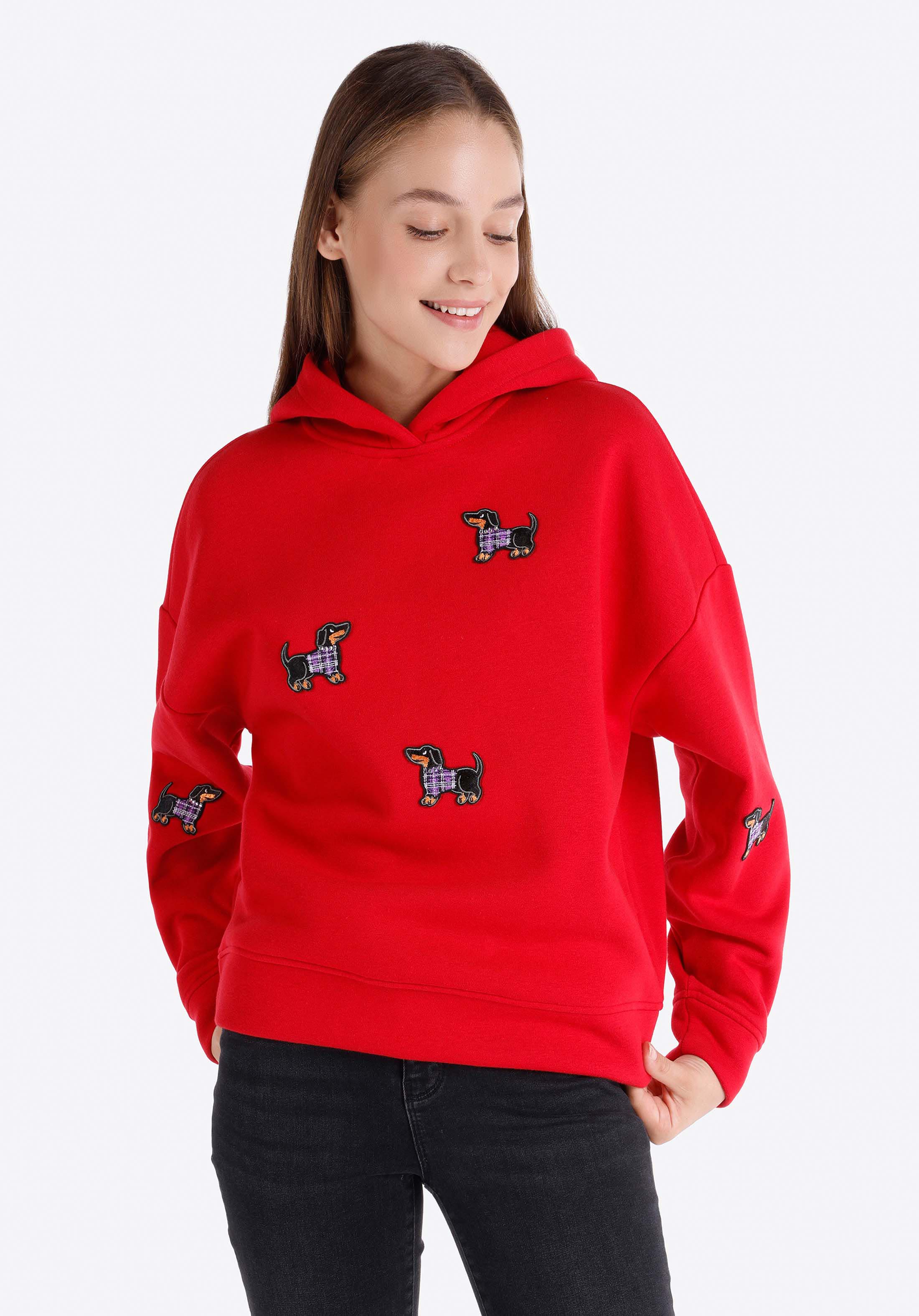 Regular Fit Kapüşonlu Baskılı Kadın Kirmizi Sweatshirt